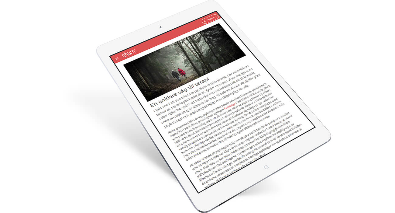 Tablet displaying Ahum therapy platform article about easier access to therapy