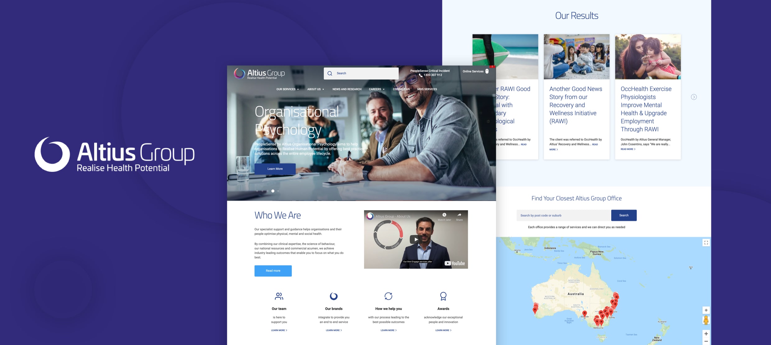 Altius Group organisational psychology webpage showing team, services, and Australia map locations