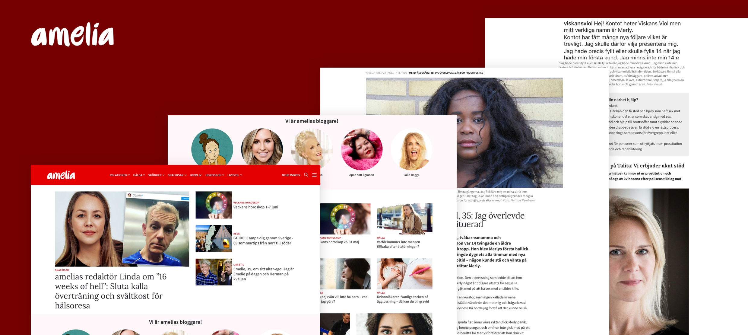 Amelia website homepage featuring editor interviews, horoscopes, and bloggers