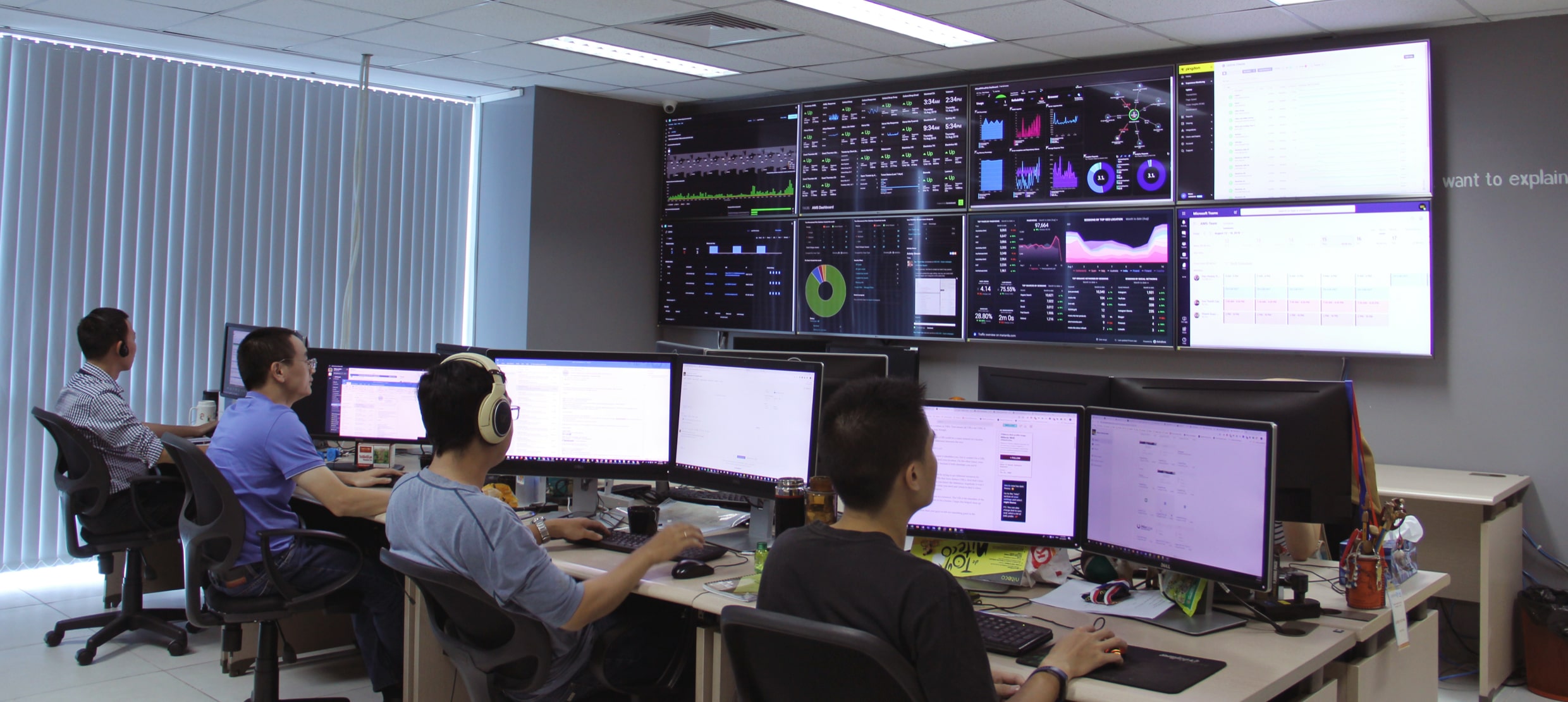 Team monitoring real-time data analytics dashboards in IT operations center