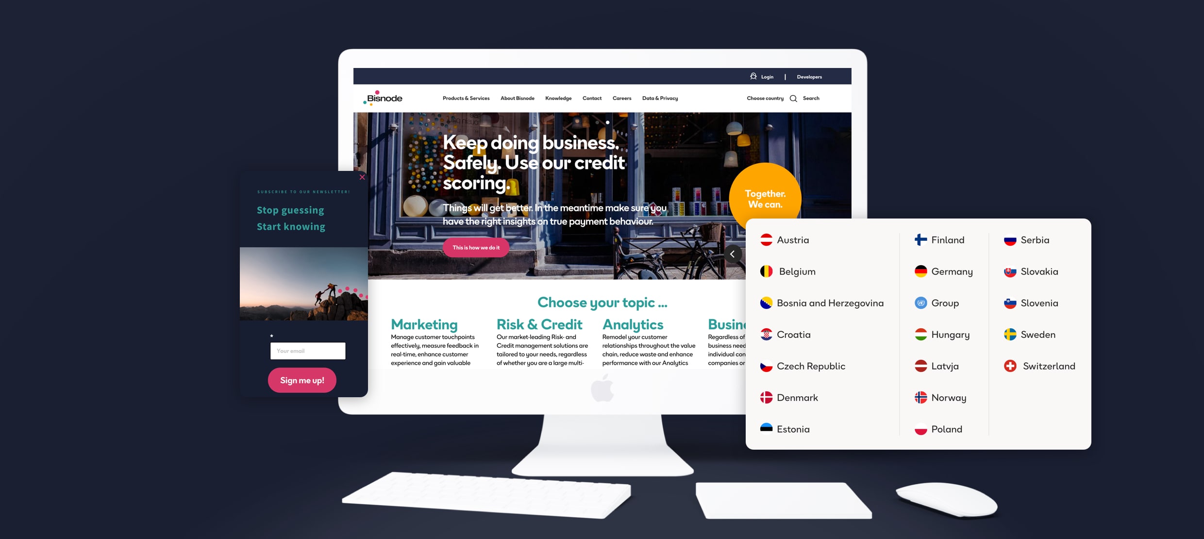 Bisnode credit scoring platform homepage showing business insights and country options