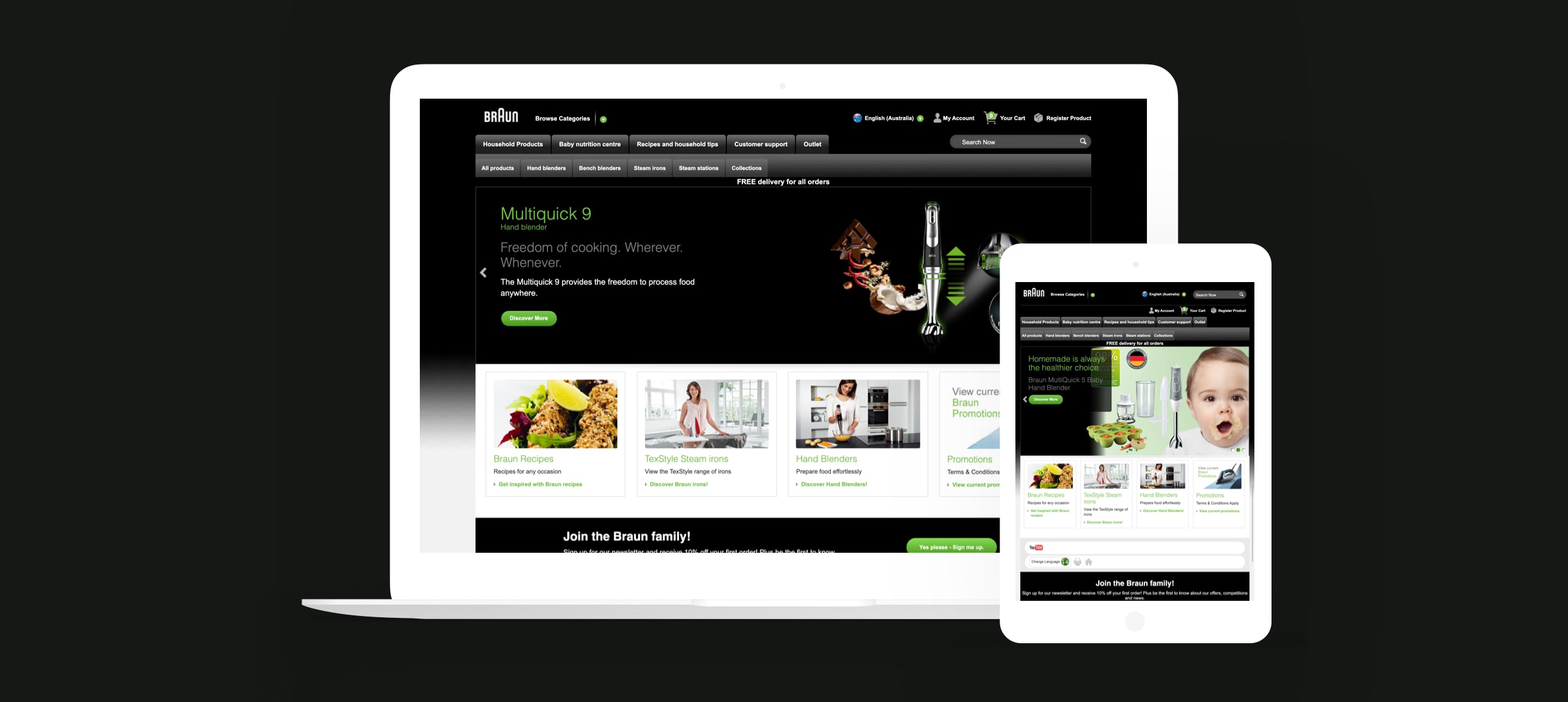 Braun website showcasing Multiquick 9 hand blender and kitchen product promotions