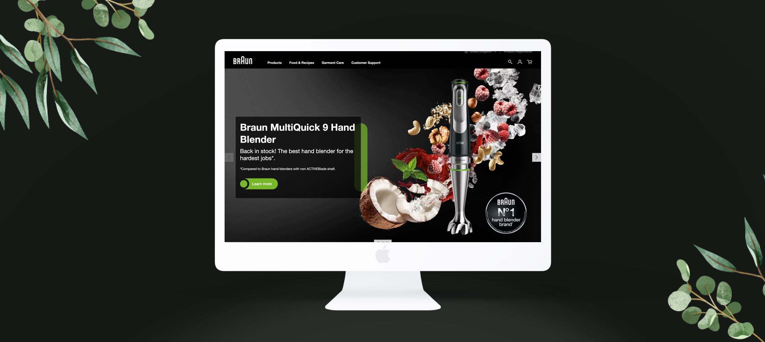 Braun MultiQuick 9 hand blender with nuts and berries on a website display