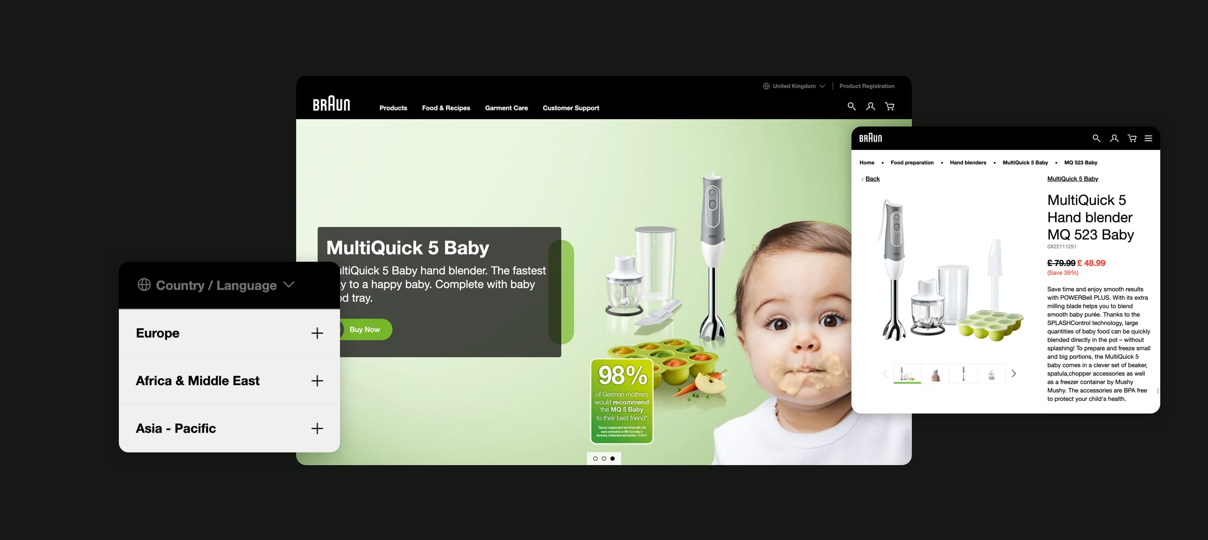 MultiQuick 5 Baby hand blender with accessories and happy baby using it