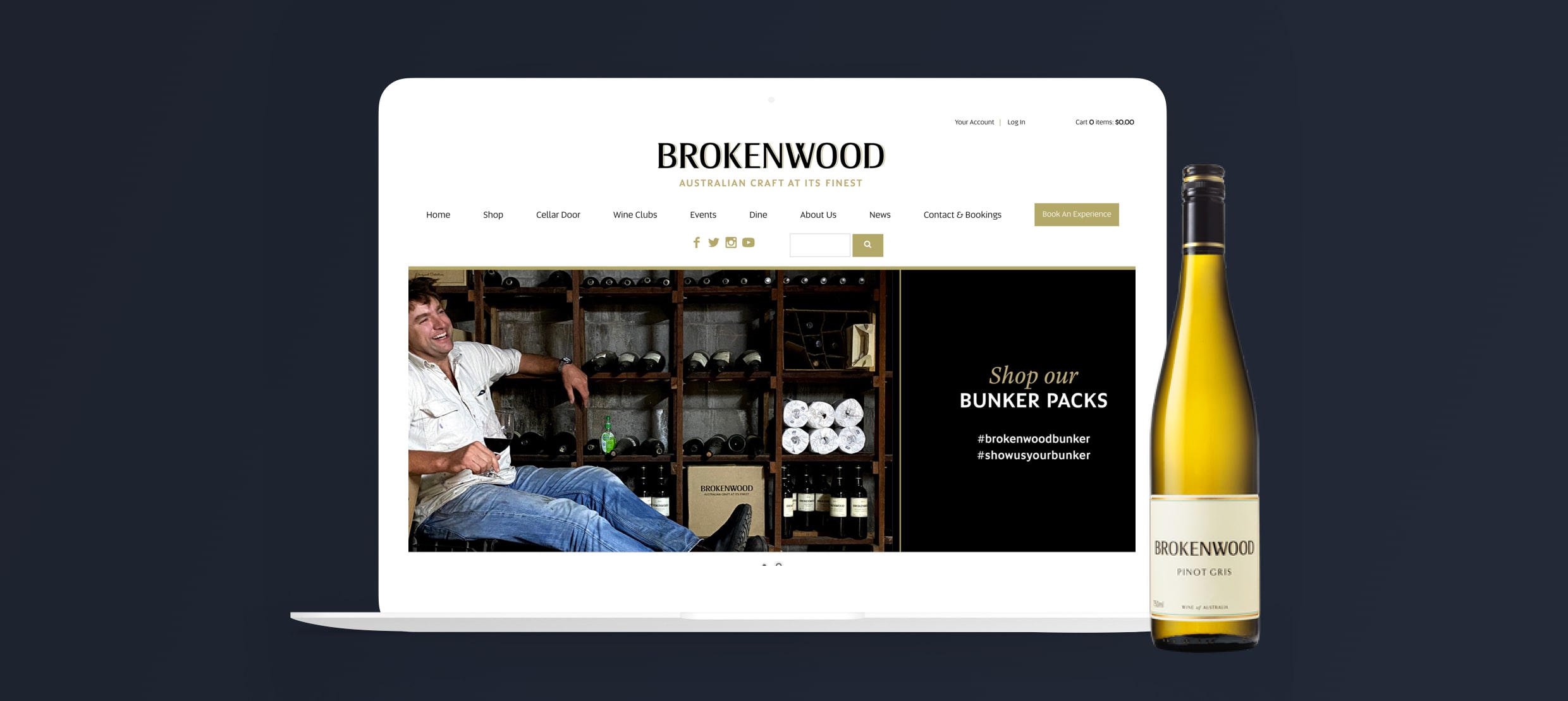 Brokenwood website displaying Bunker Packs promotion with a bottle of Pinot Gris wine