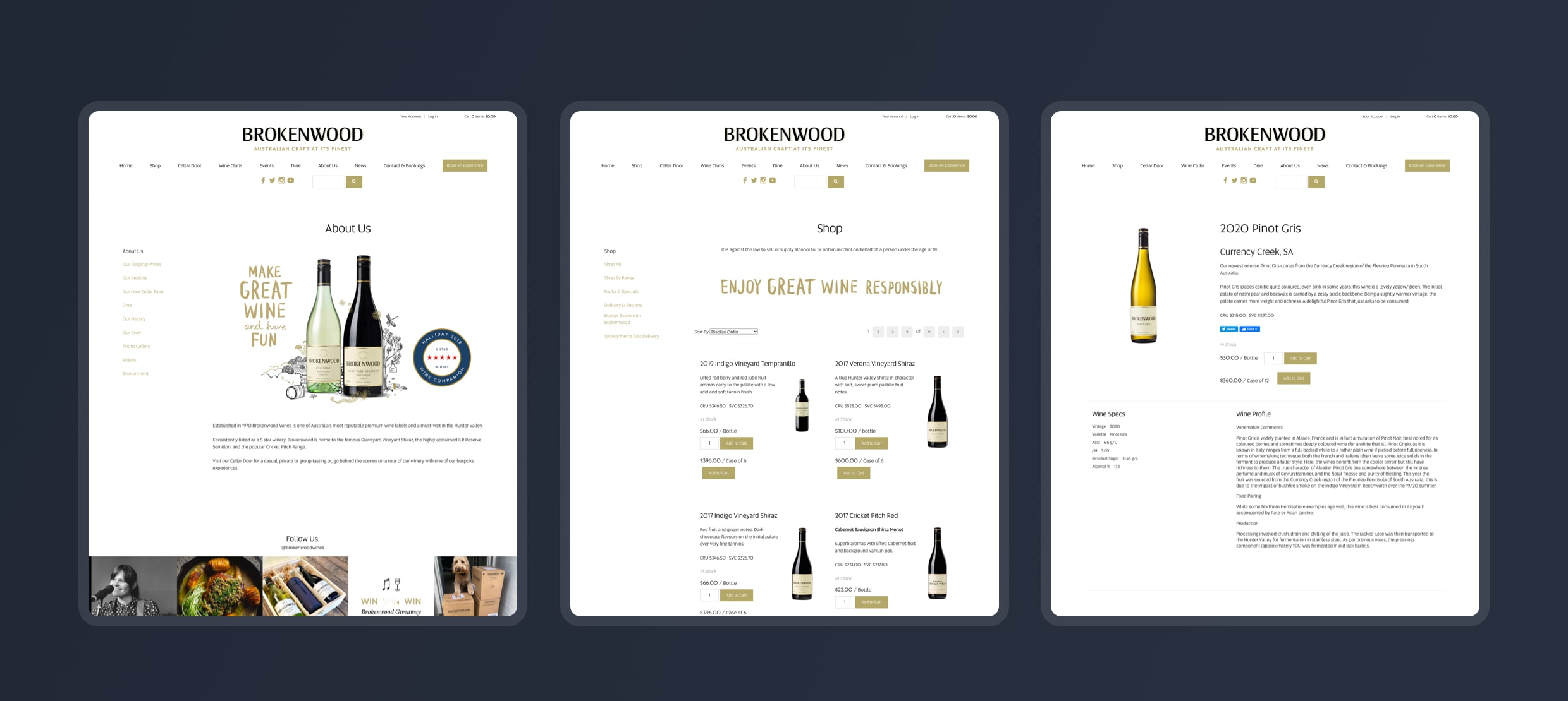 Brokenwood winery About Us, Shop, and 2020 Pinot Gris product page layouts