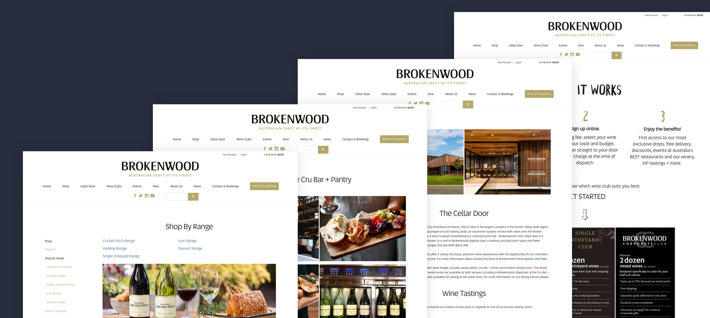 Brokenwood wine shop pages showing product range, cellar door, and wine club benefits