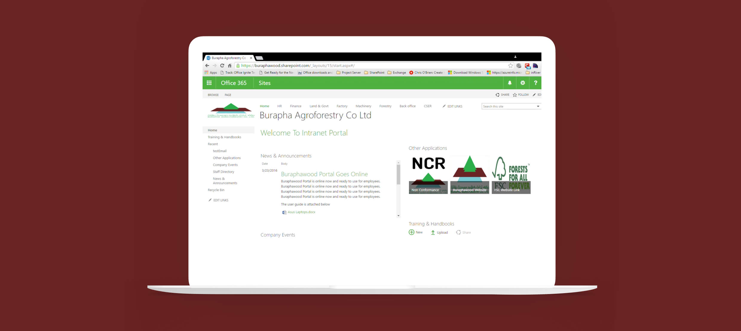 Burapha Agroforestry Co Ltd intranet portal homepage with news and links