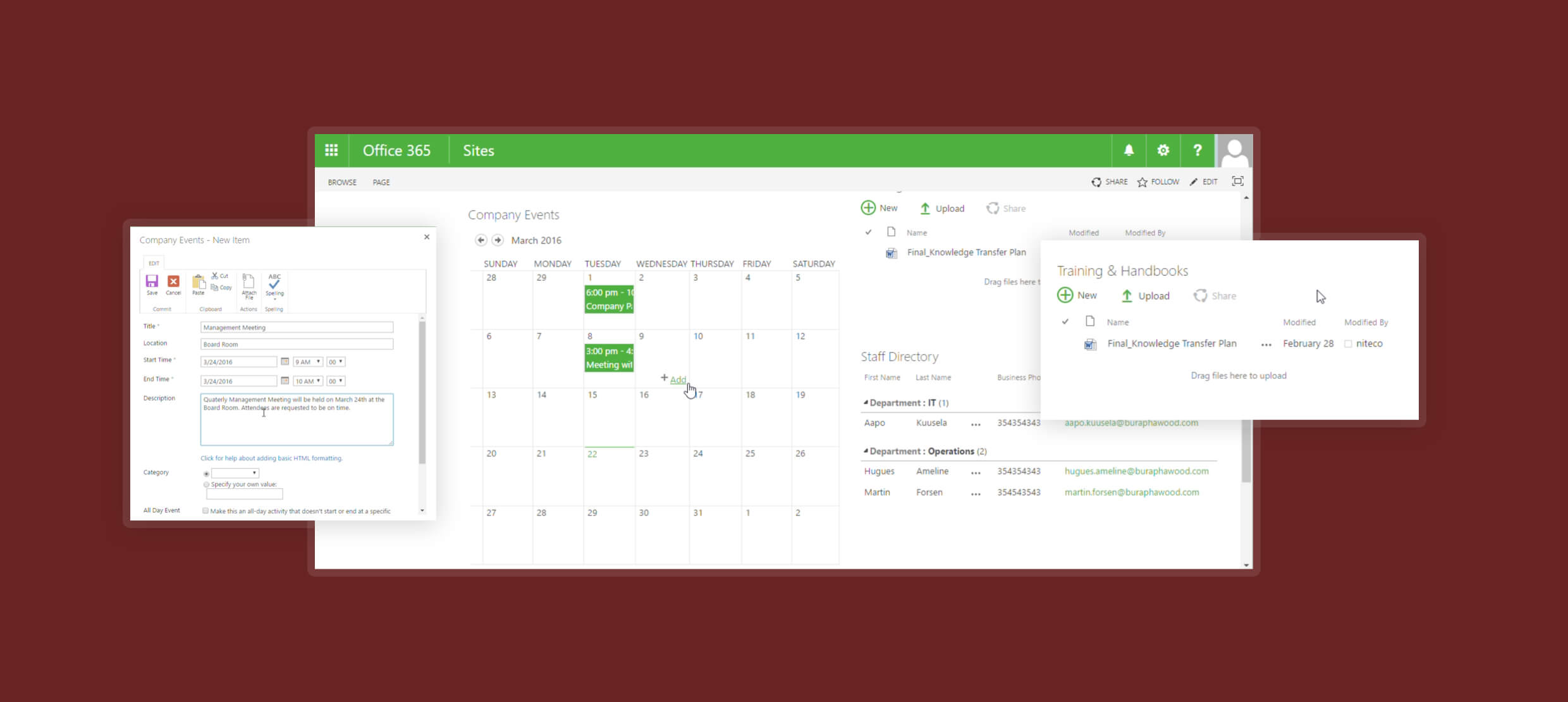 Office 365 Sites schedule showing company events calendar and staff directory details