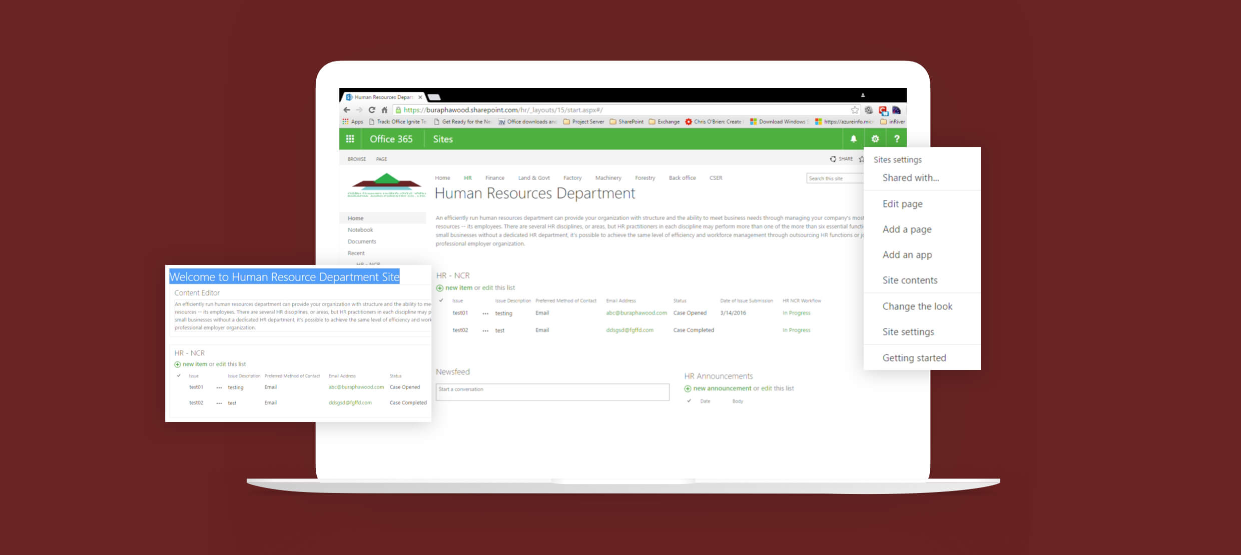 Human Resources Department SharePoint site with HR workflow and settings menu