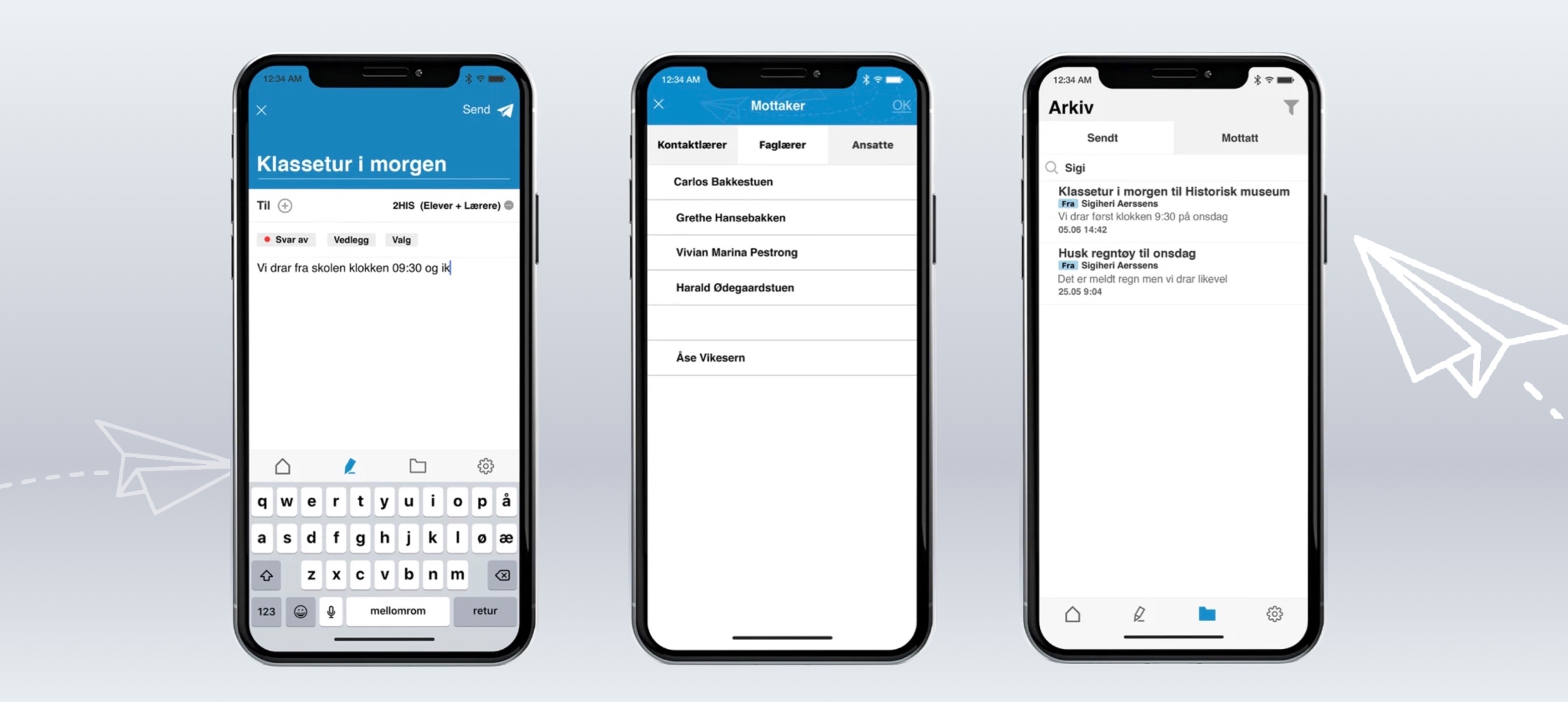 Mobile app interface showing class trip messages, contacts, and message archive screens
