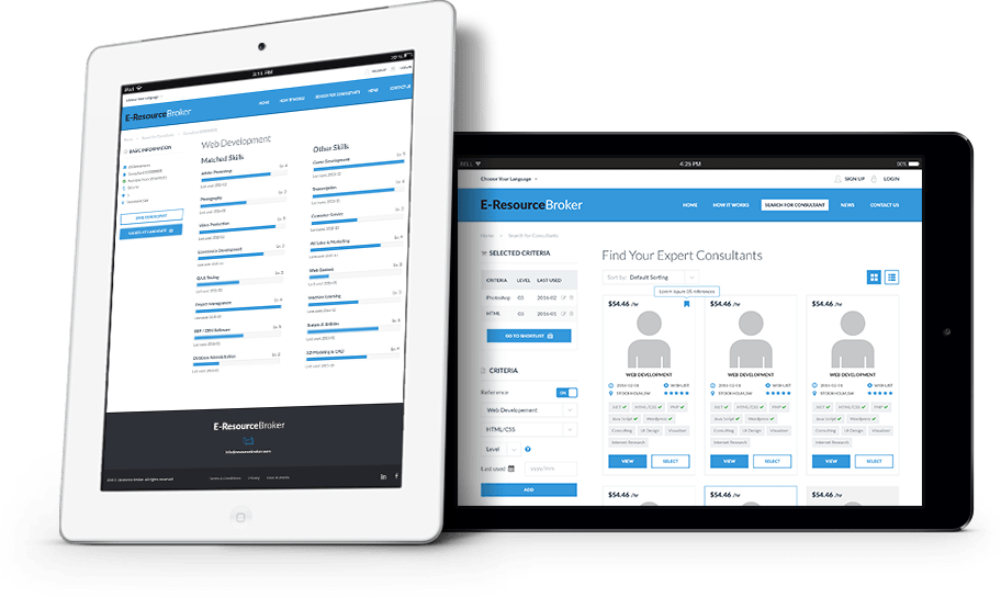 Two tablets displaying E-Resource Broker consultant search and web development skills pages