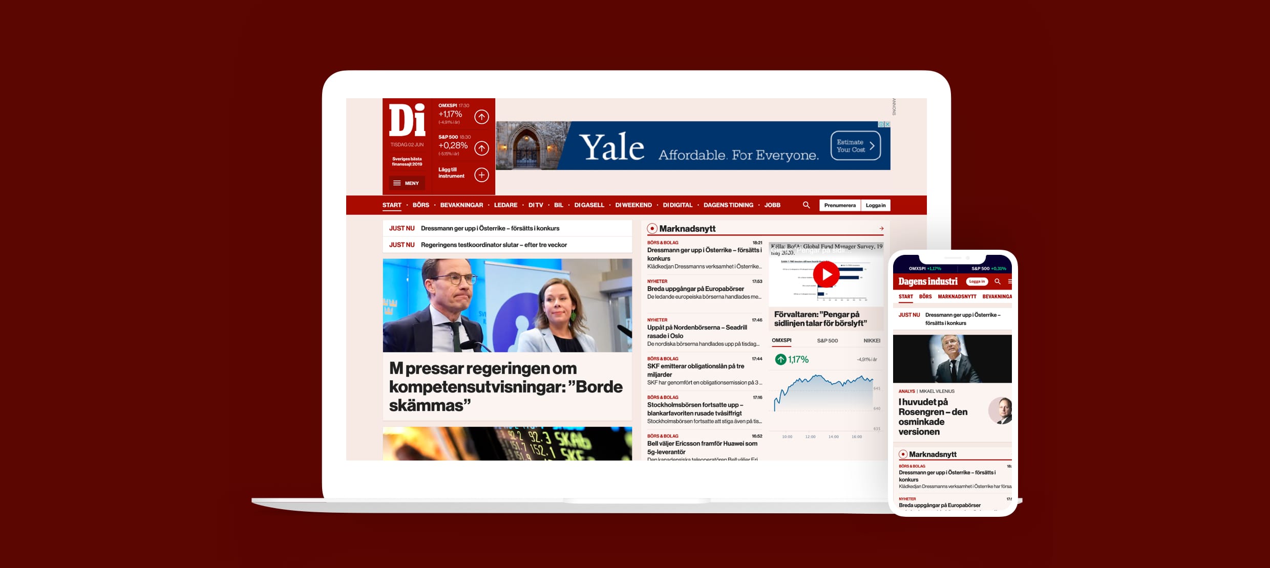 Dagens industri news website layout displaying stock market updates on devices