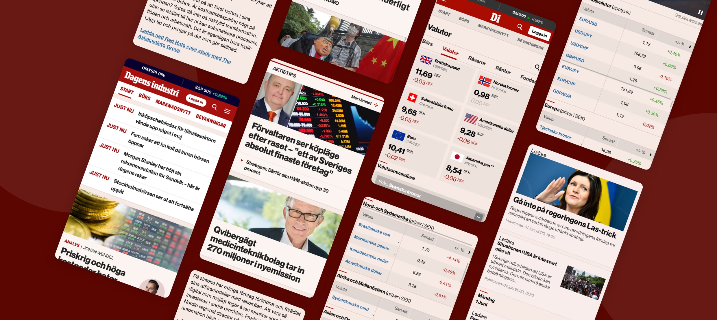 Dagens Industri news app showing stock market tips, currency rates, and headlines