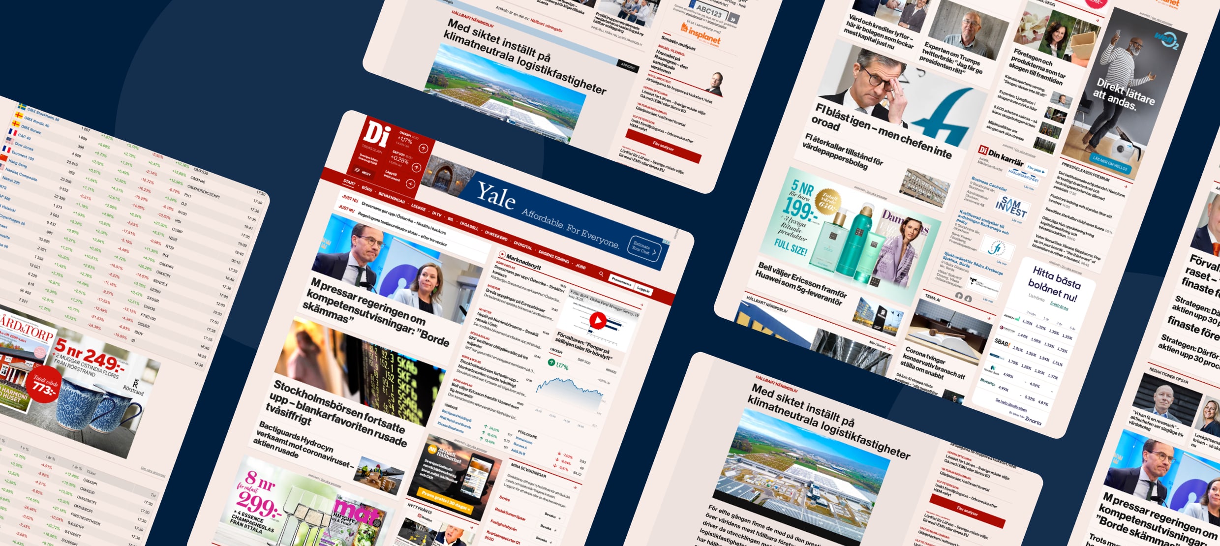 Digital news website showing stock market and climate-neutral logistics headlines