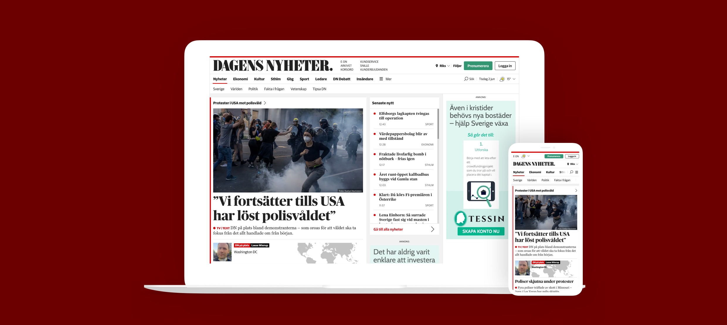 Dagens Nyheter website showing protests and police violence news on devices