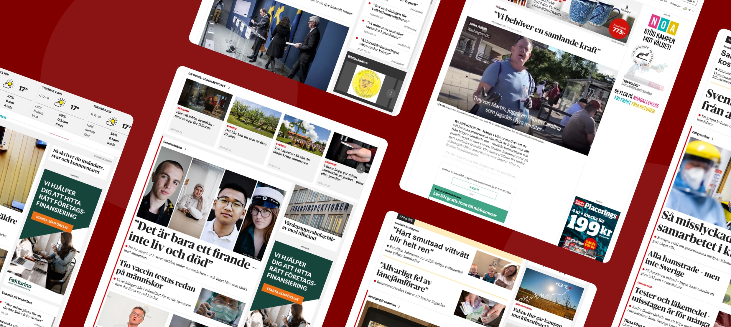 Swedish news website homepage showing coronavirus updates and political coverage