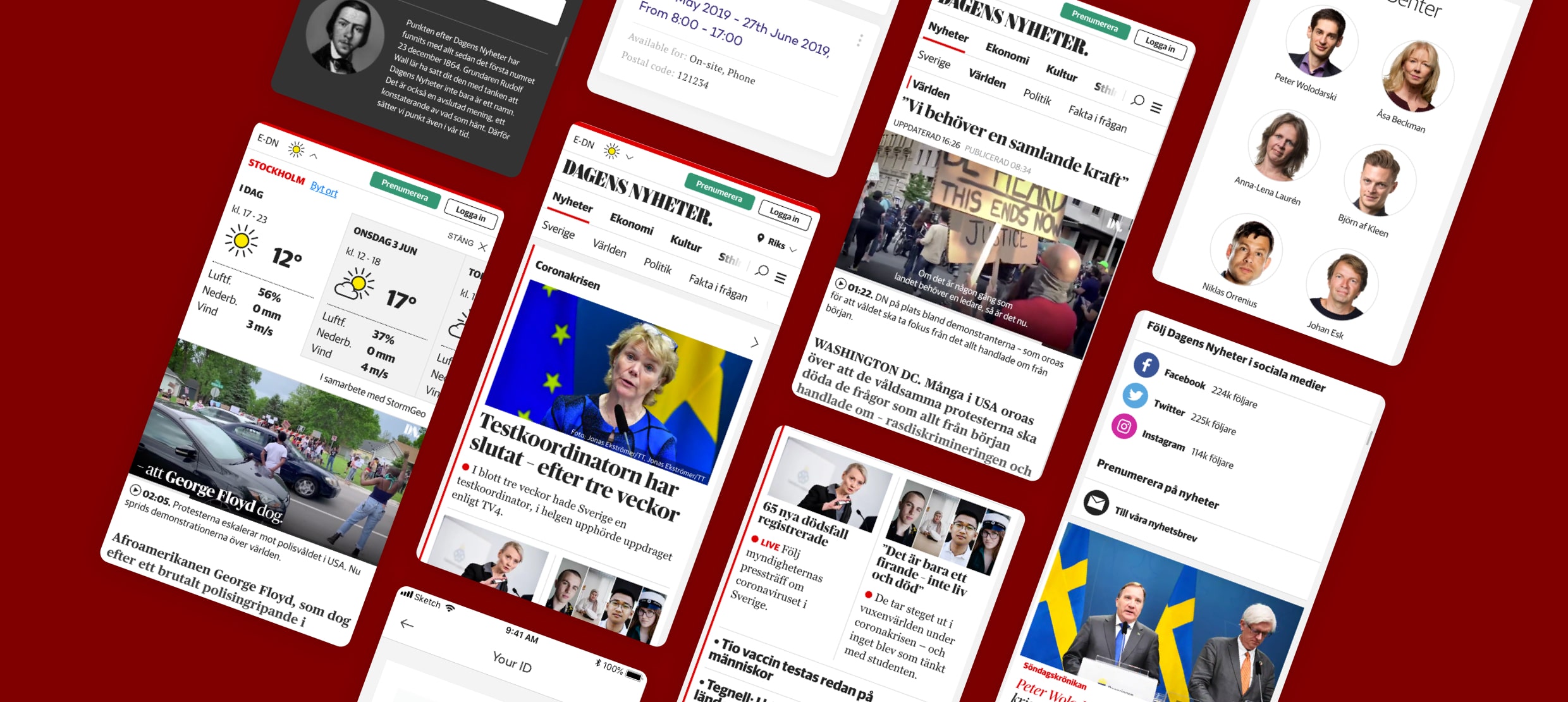 Dagens Nyheter mobile news layout showing headlines, weather, and social media links