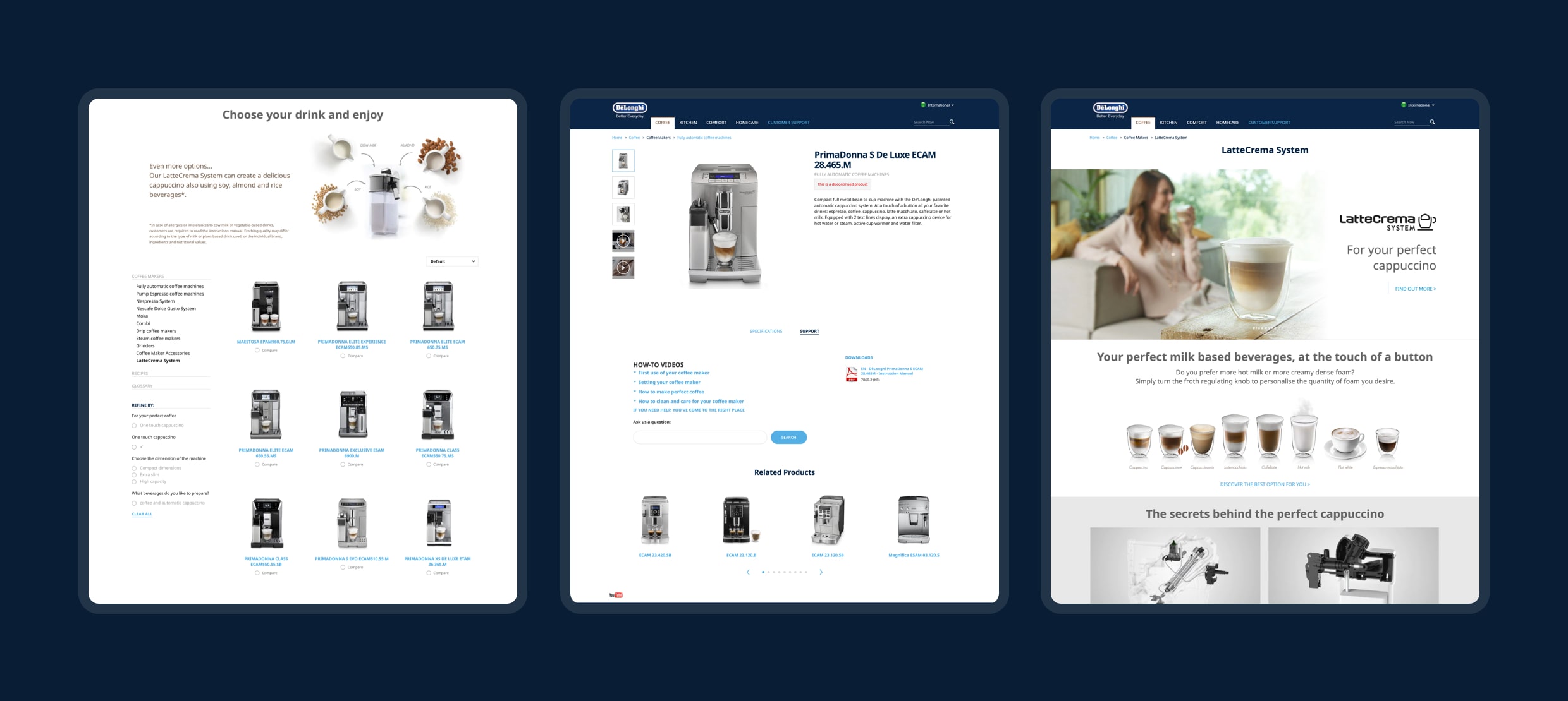 De'Longhi LatteCrema System options for perfect cappuccino and milk beverages
