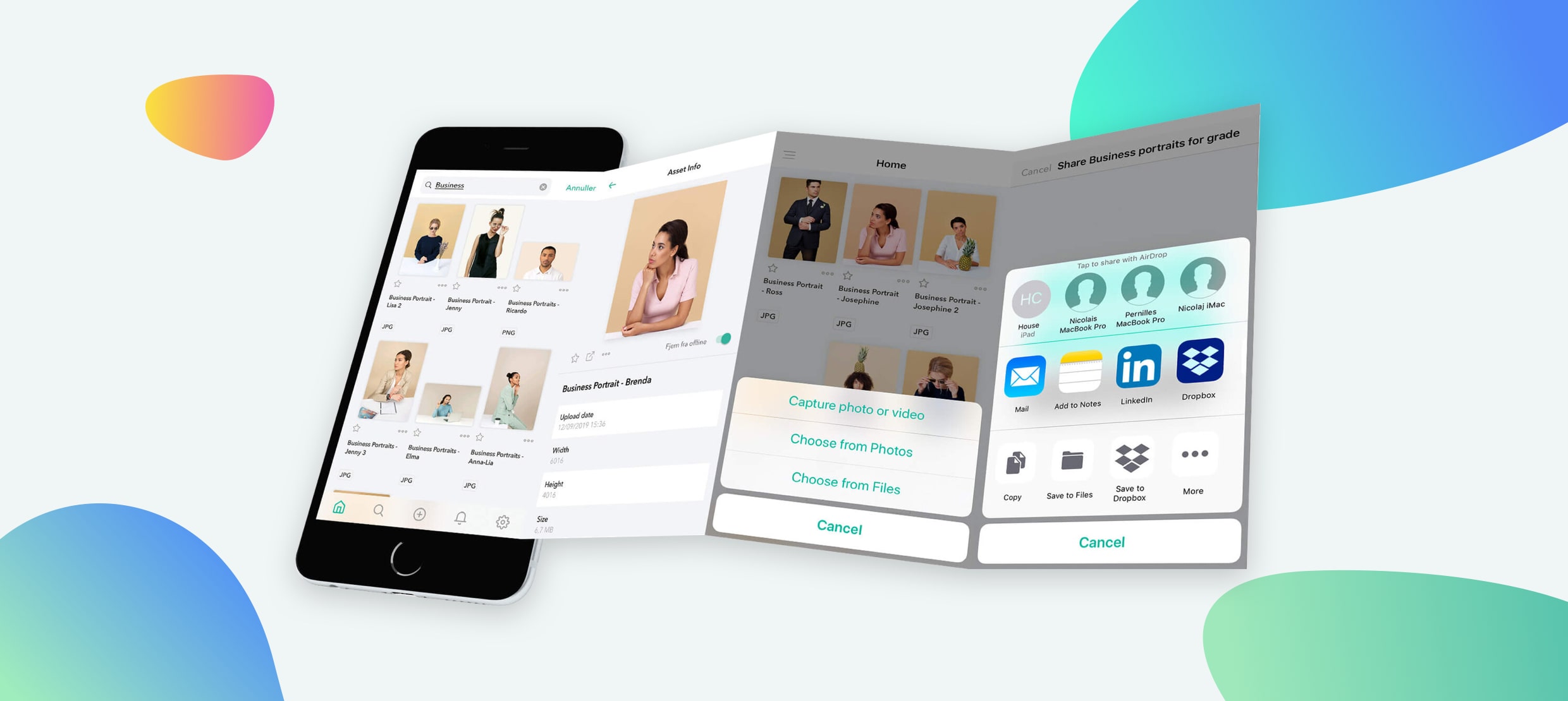 Business portrait management and sharing on mobile app interface