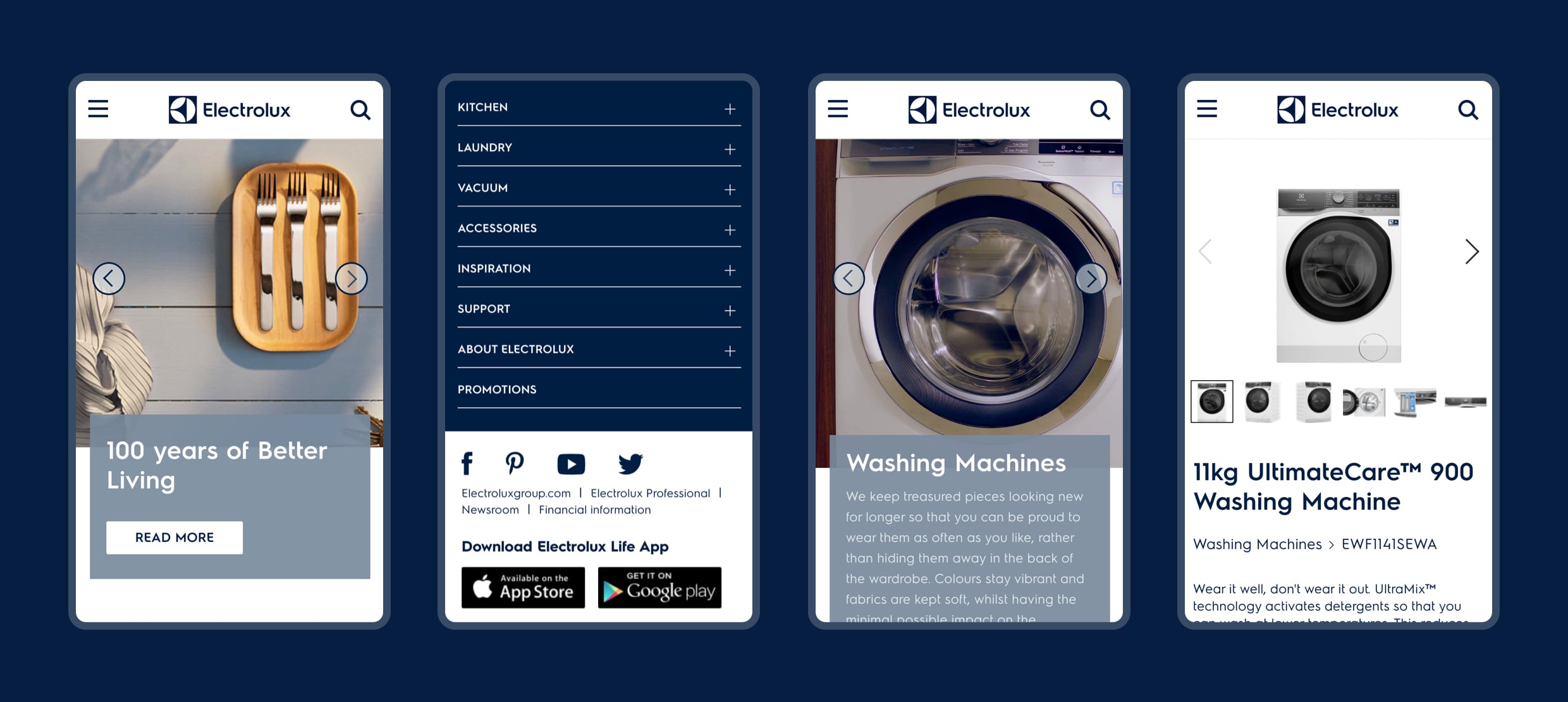 Electrolux website showcasing washing machines and kitchen appliance categories on mobile.