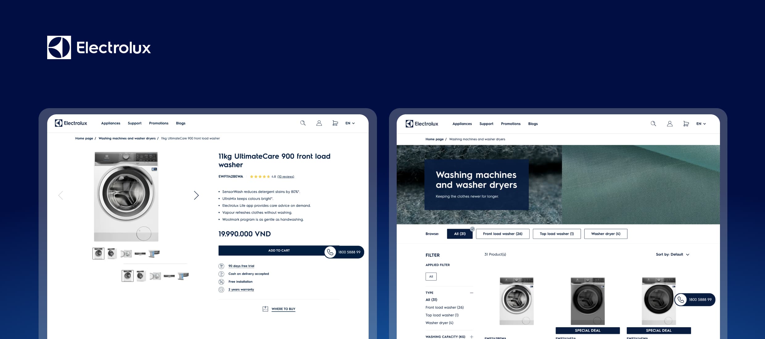 Electrolux washing machines and washer dryers online product listing and details