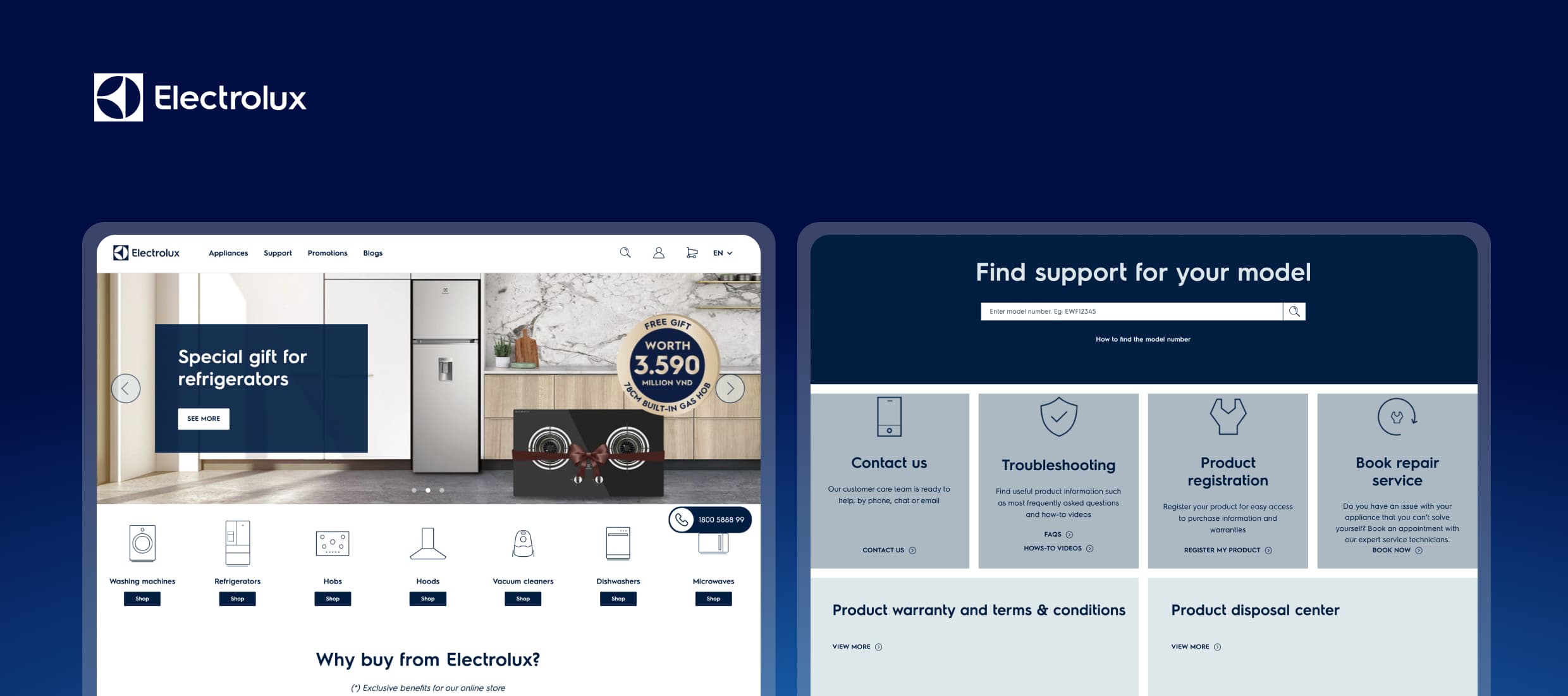Electrolux website homepage showing appliances and model support options