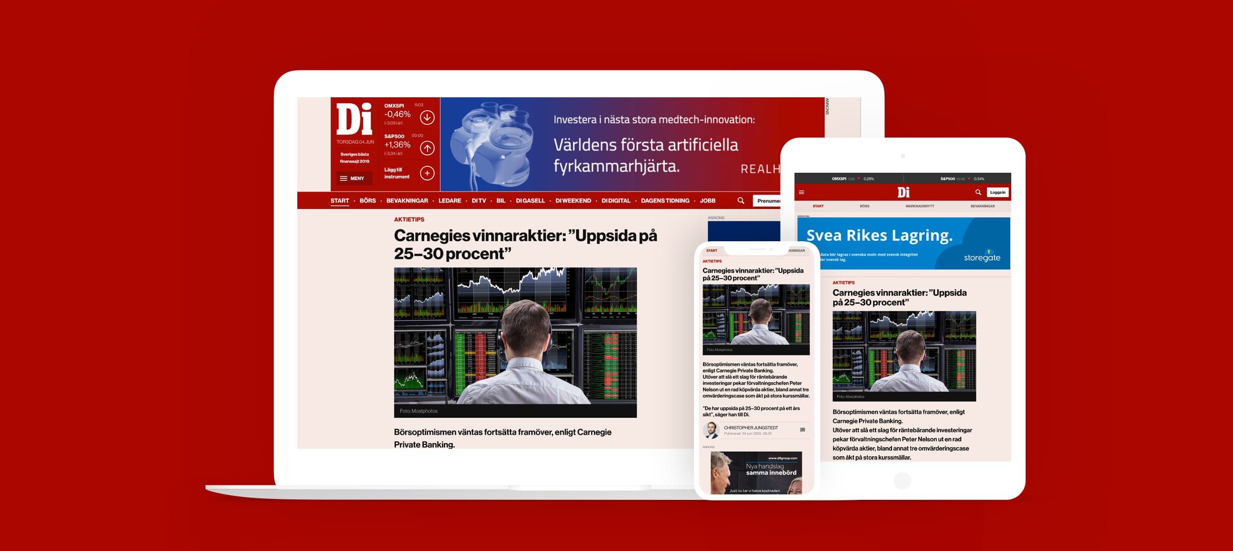 Digital news platform Di displayed on laptop, tablet, and smartphone screens