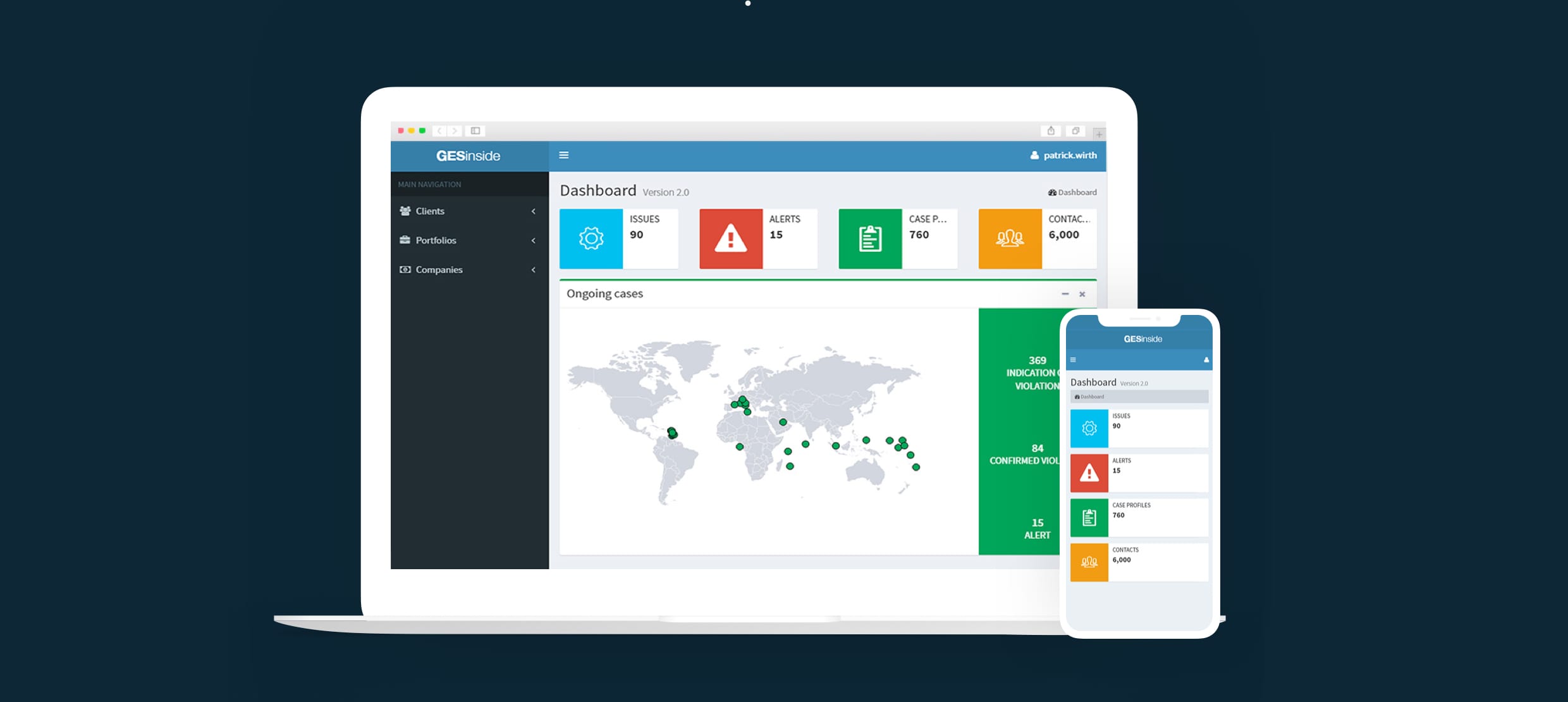 GESinside dashboard showing global ongoing cases and alerts on laptop and phone.