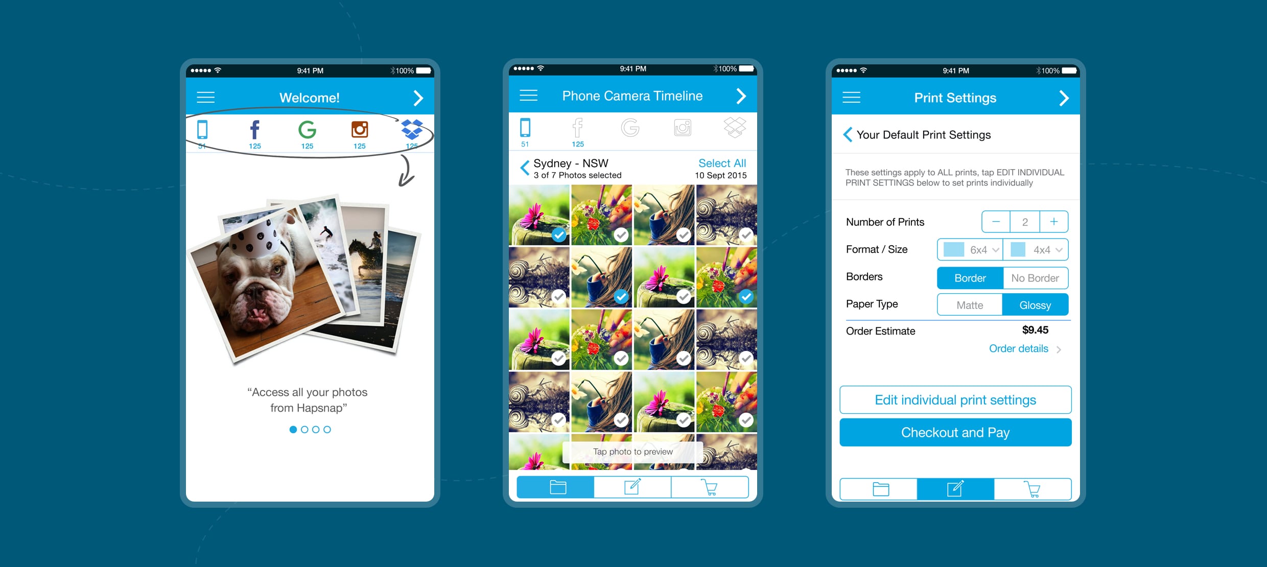 Mobile app screens showing photo access, selection, and print settings options
