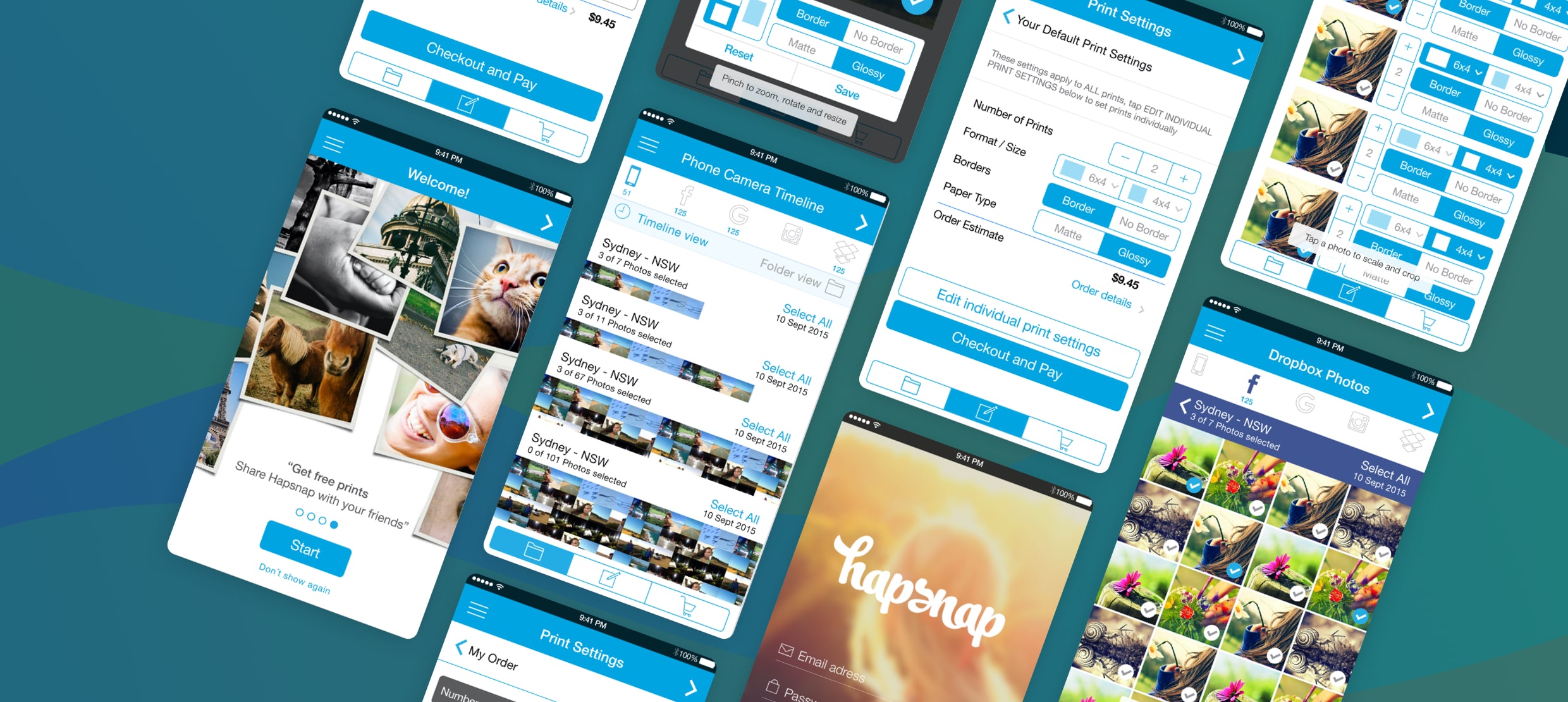 Mobile app screens showing photo printing features and settings in Hapsnap app