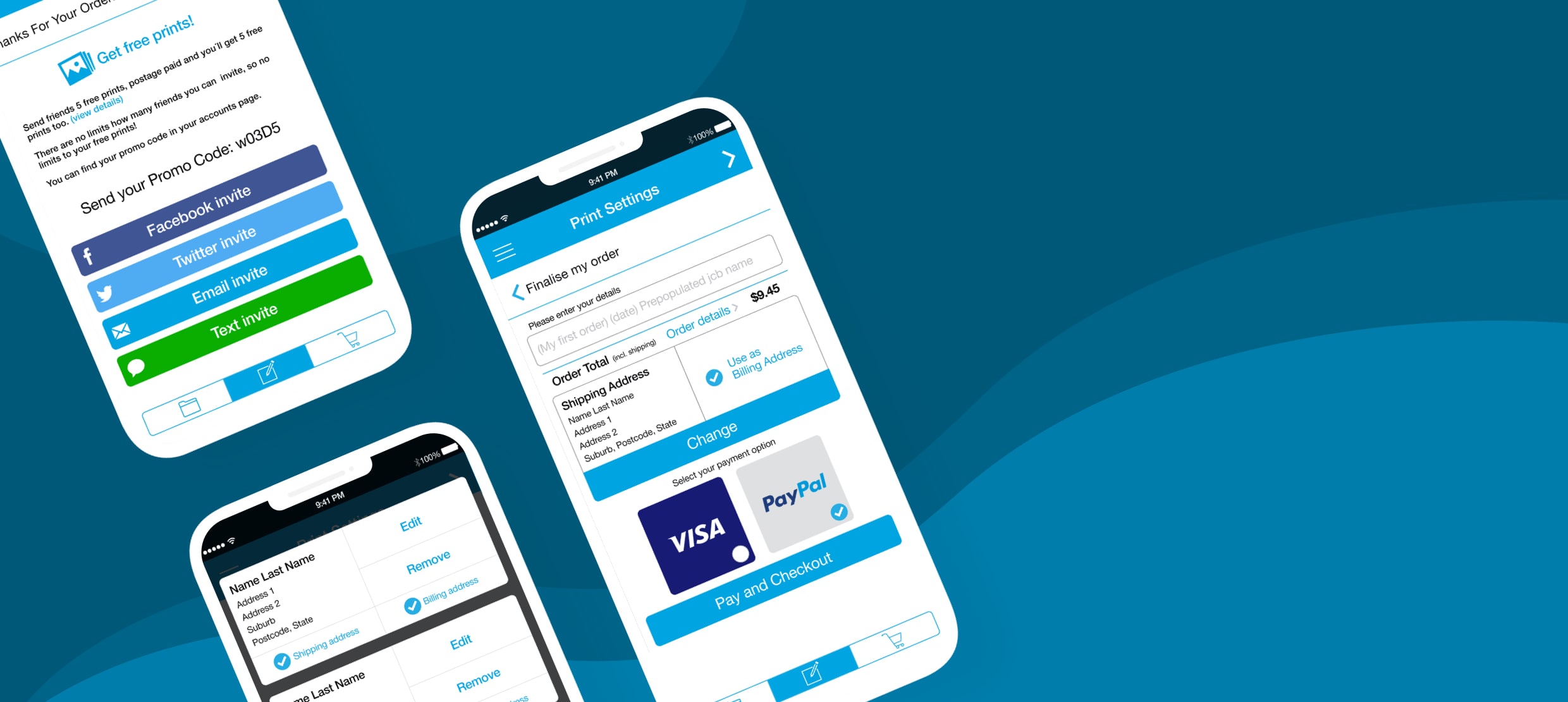 Mobile app print settings showing order details, payment options, and invite buttons