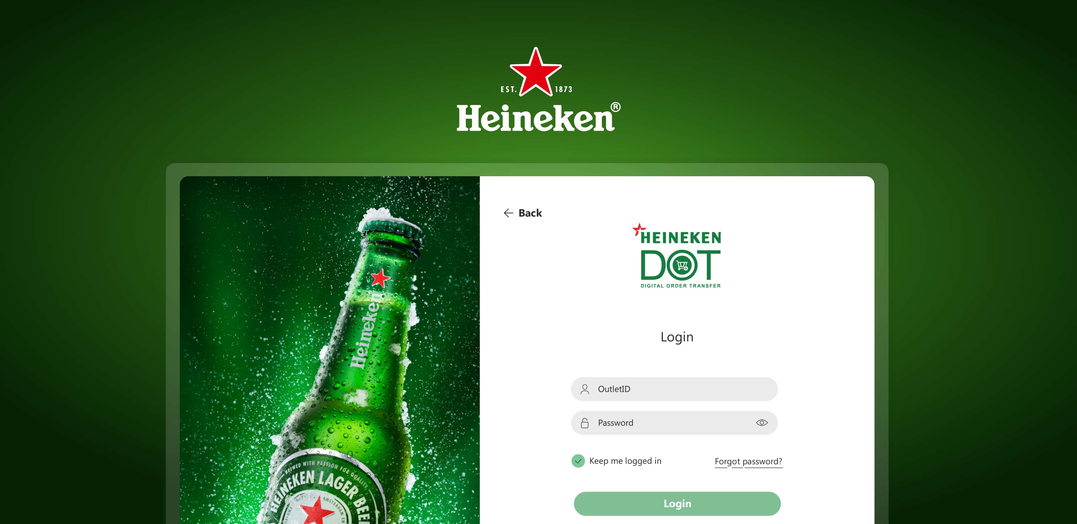 Heineken DOT login page with cold Heineken beer bottle and green background