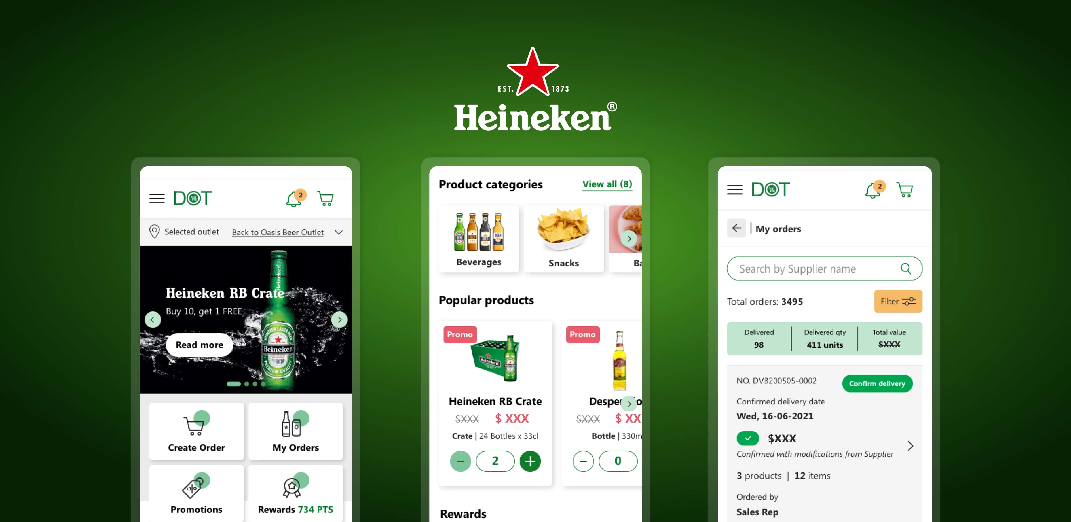 Heineken app interface showing product categories, orders, and promotions