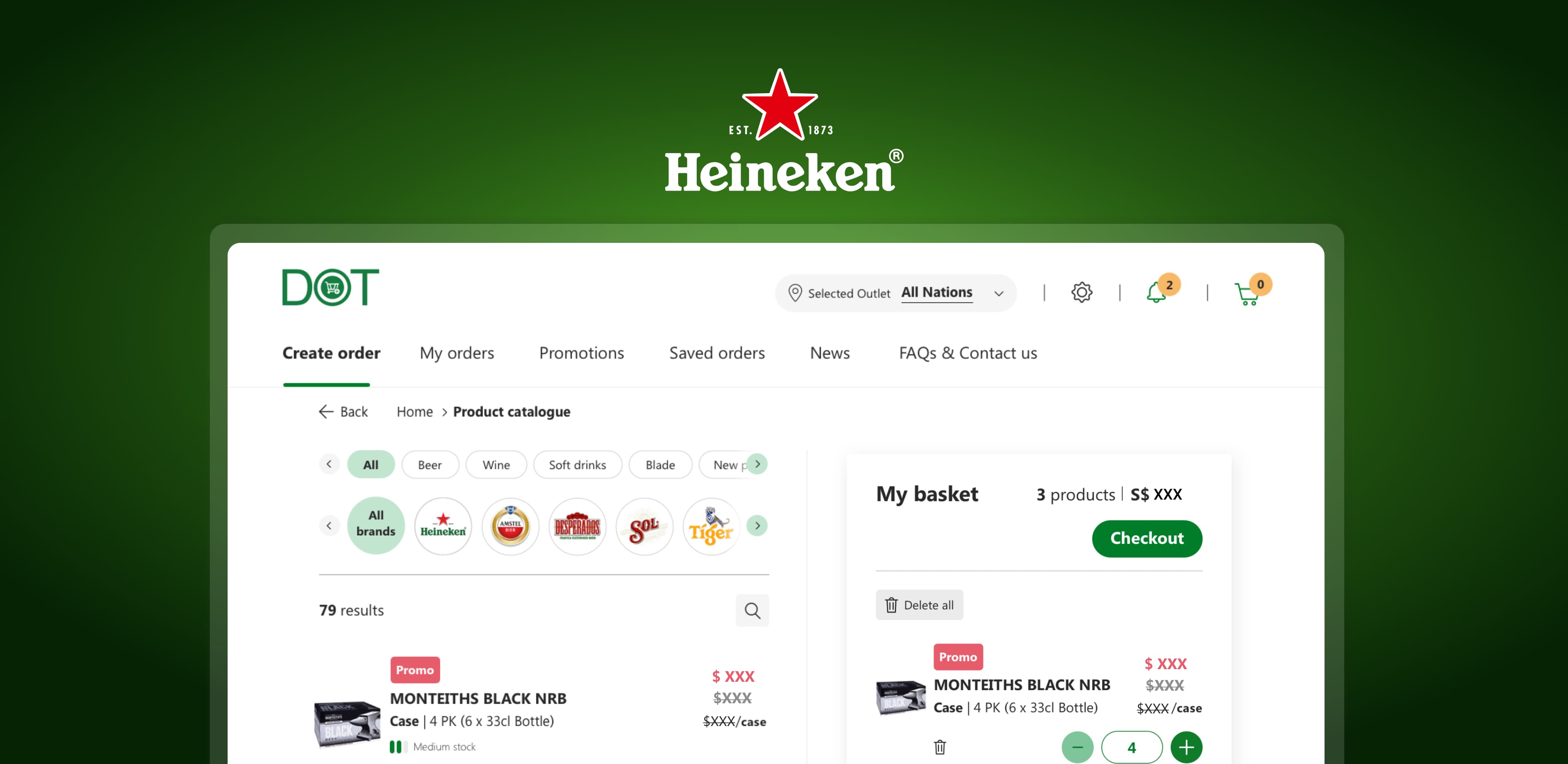 Heineken product catalogue interface showing basket with Monteiths Black NRB promo