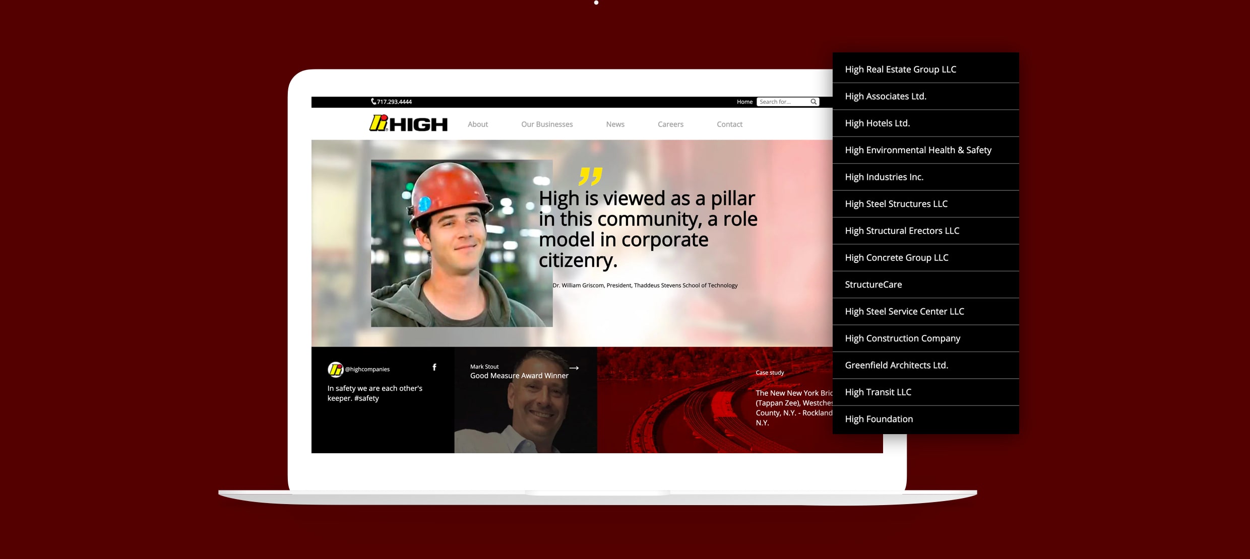 High construction worker with hard hat on High company website homepage