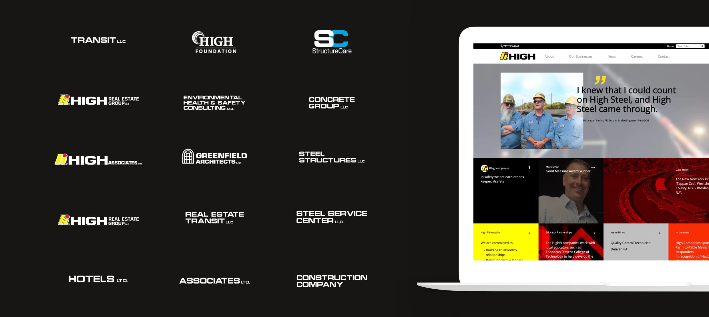 High companies logos grid and website homepage showcasing construction and steel services.