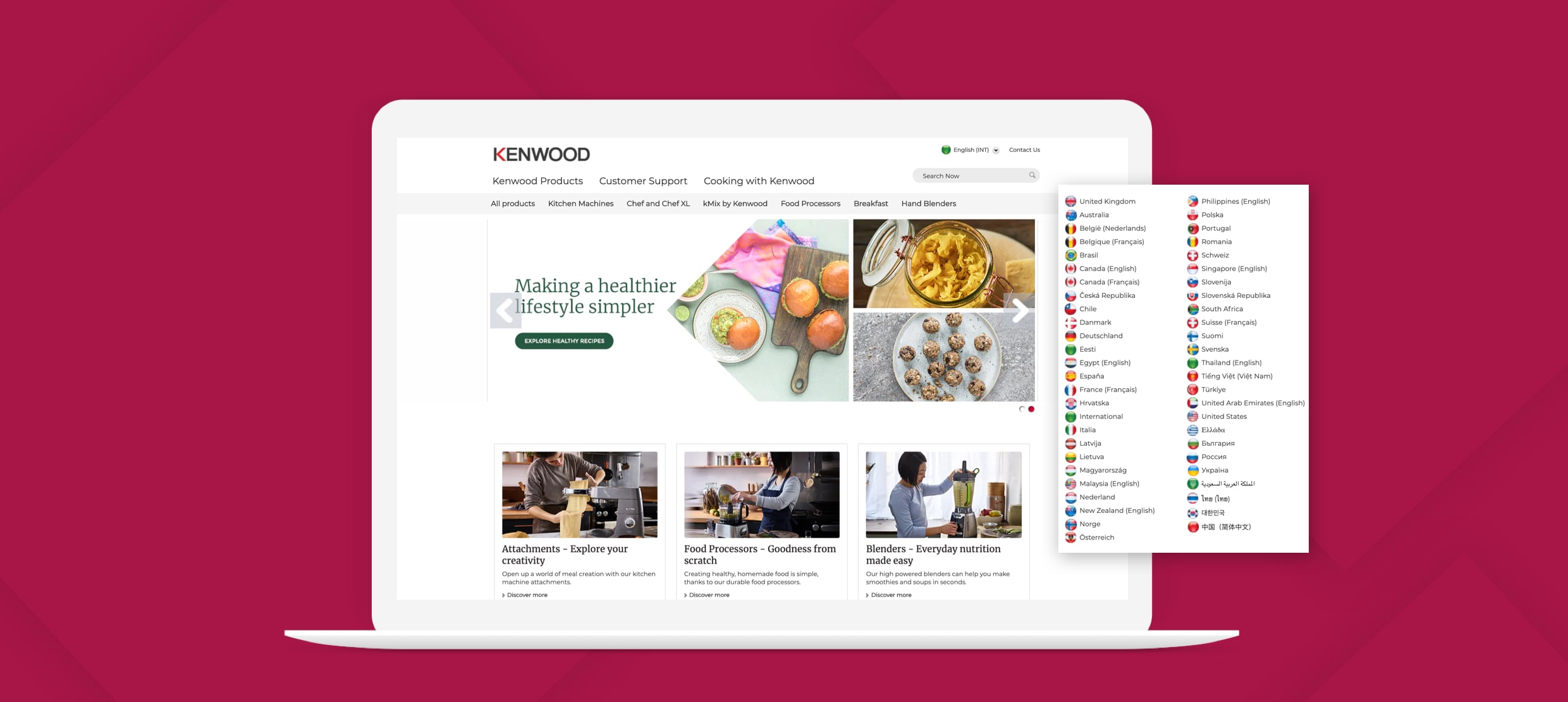 Kenwood website homepage showcasing kitchen machines, recipes, and global languages menu