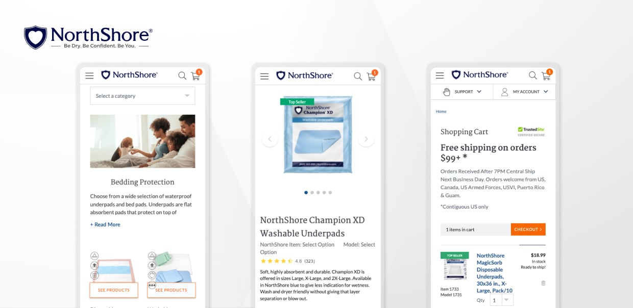 NorthShore website showing bedding protection, Champion XD underpads, and cart checkout.