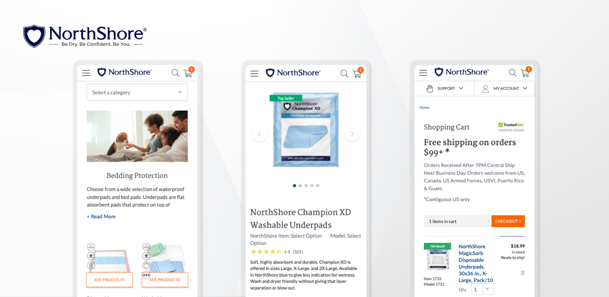 NorthShore website mobile screens showing bedding protection, washable underpads, and shopping cart.