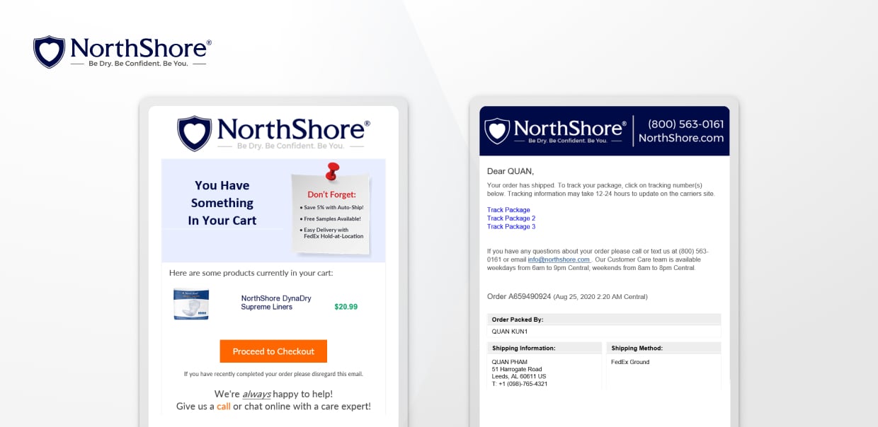 NorthShore email showing cart reminder and order shipment tracking details