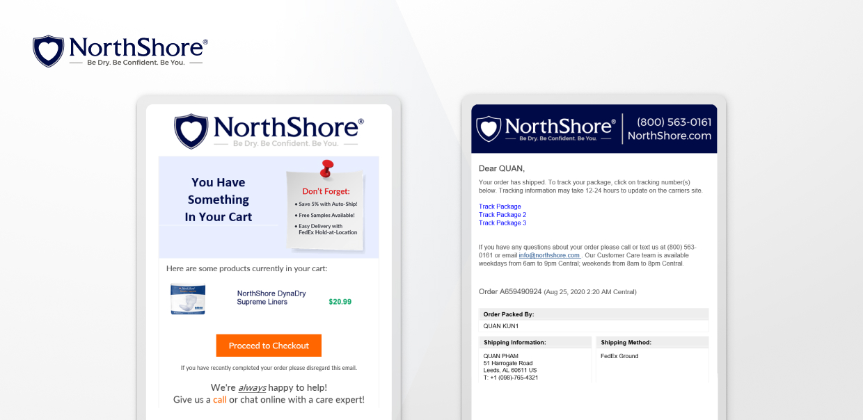 NorthShore cart reminder and order shipment tracking email with product details