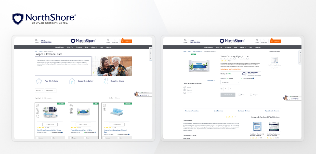 NorthShore wipes and personal care products with detailed online descriptions and reviews