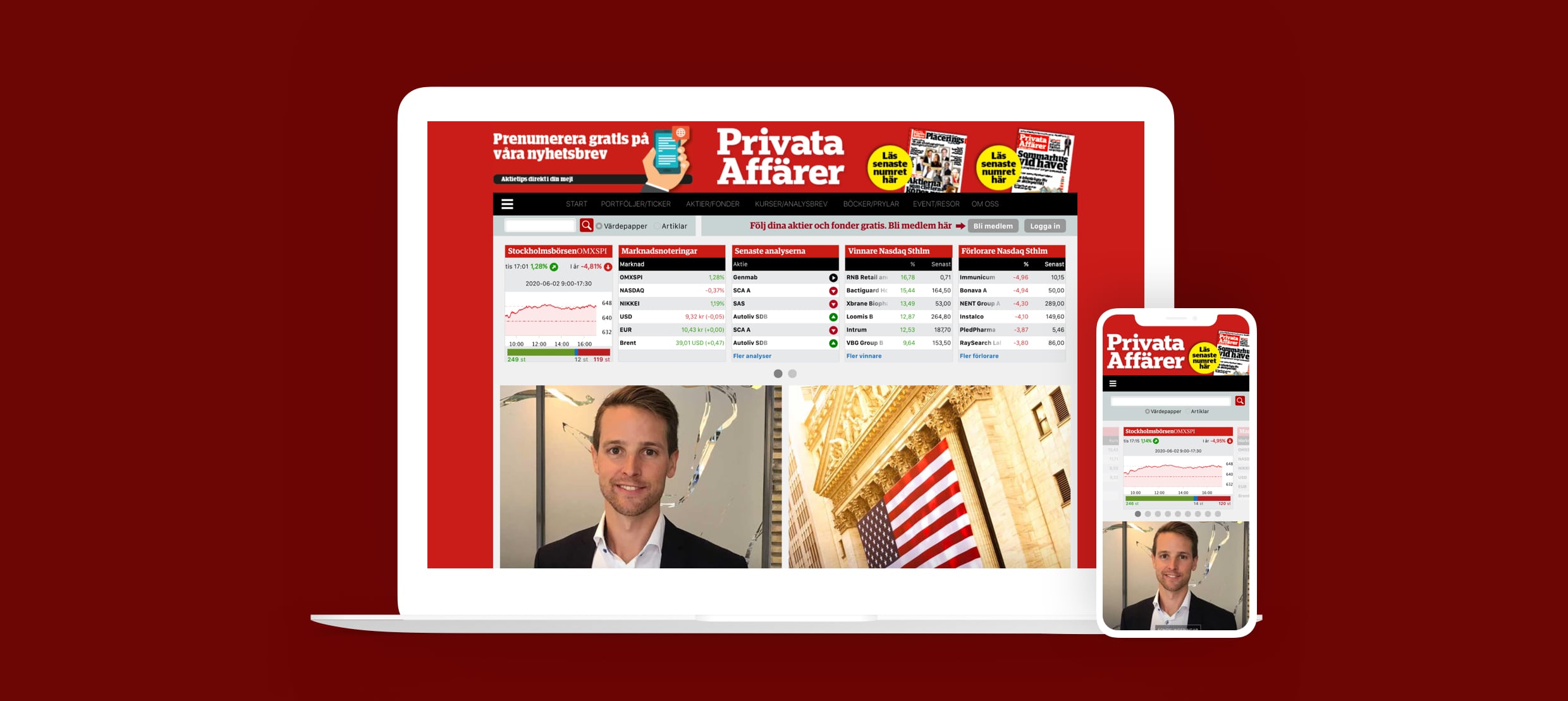 Privata Affärer website shown on laptop and mobile with stock market data and news