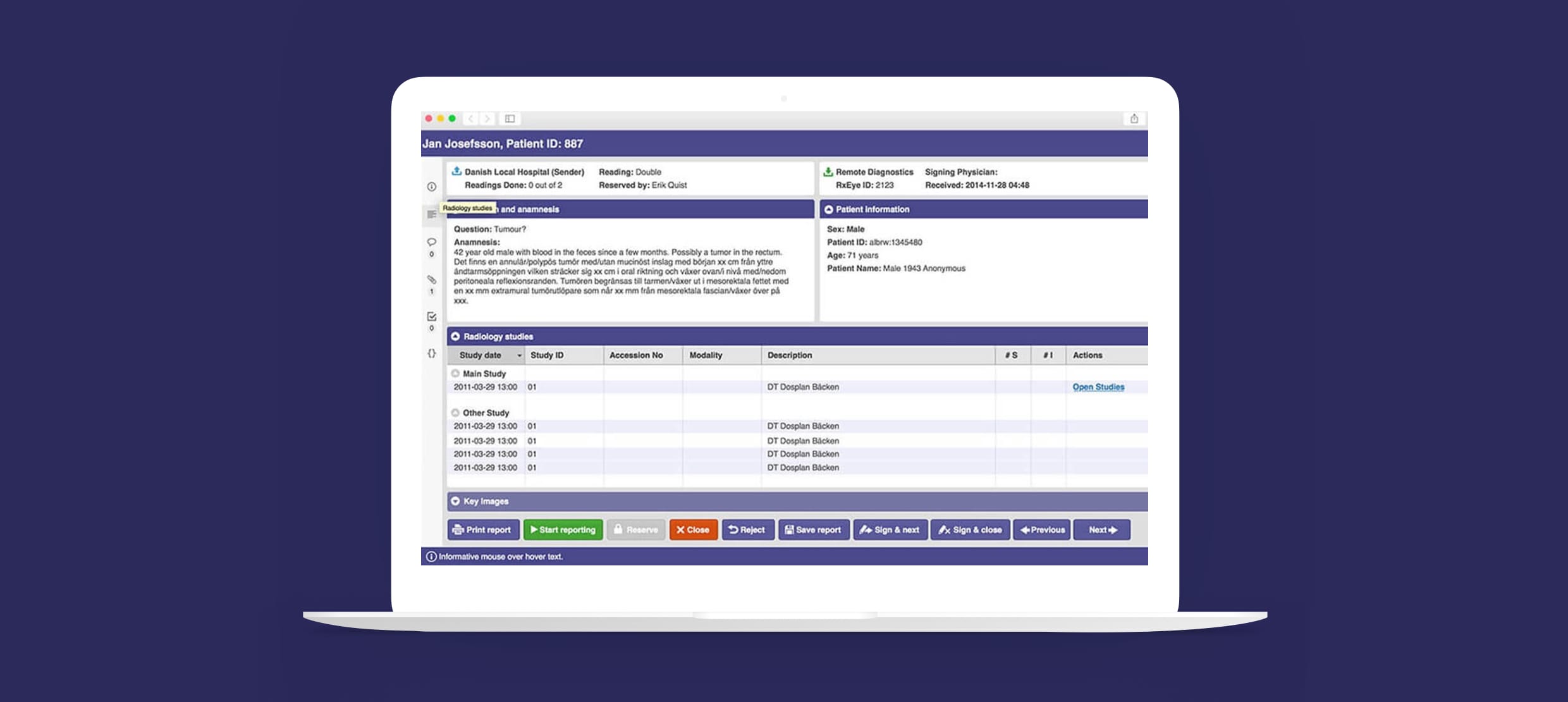 Radiology studies and patient information dashboard displaying diagnostic report details