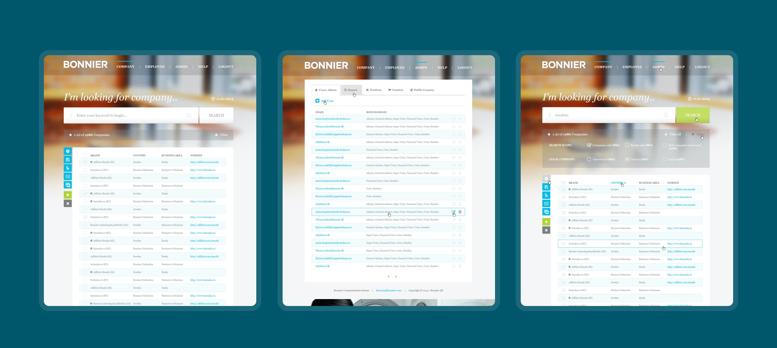 Bonnier company search and admin panel displaying user roles and company data