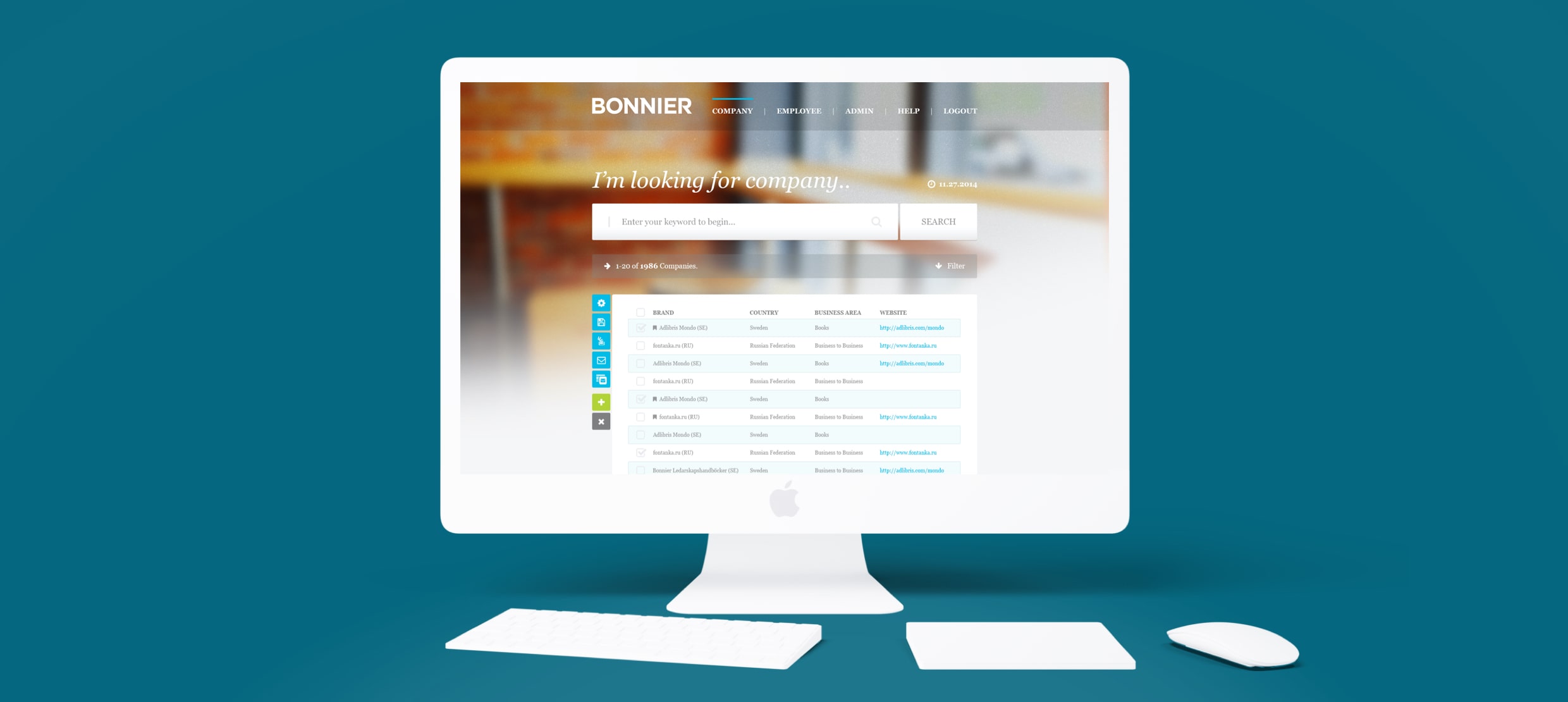 Computer screen displaying Bonnier company search interface with keyword input and results