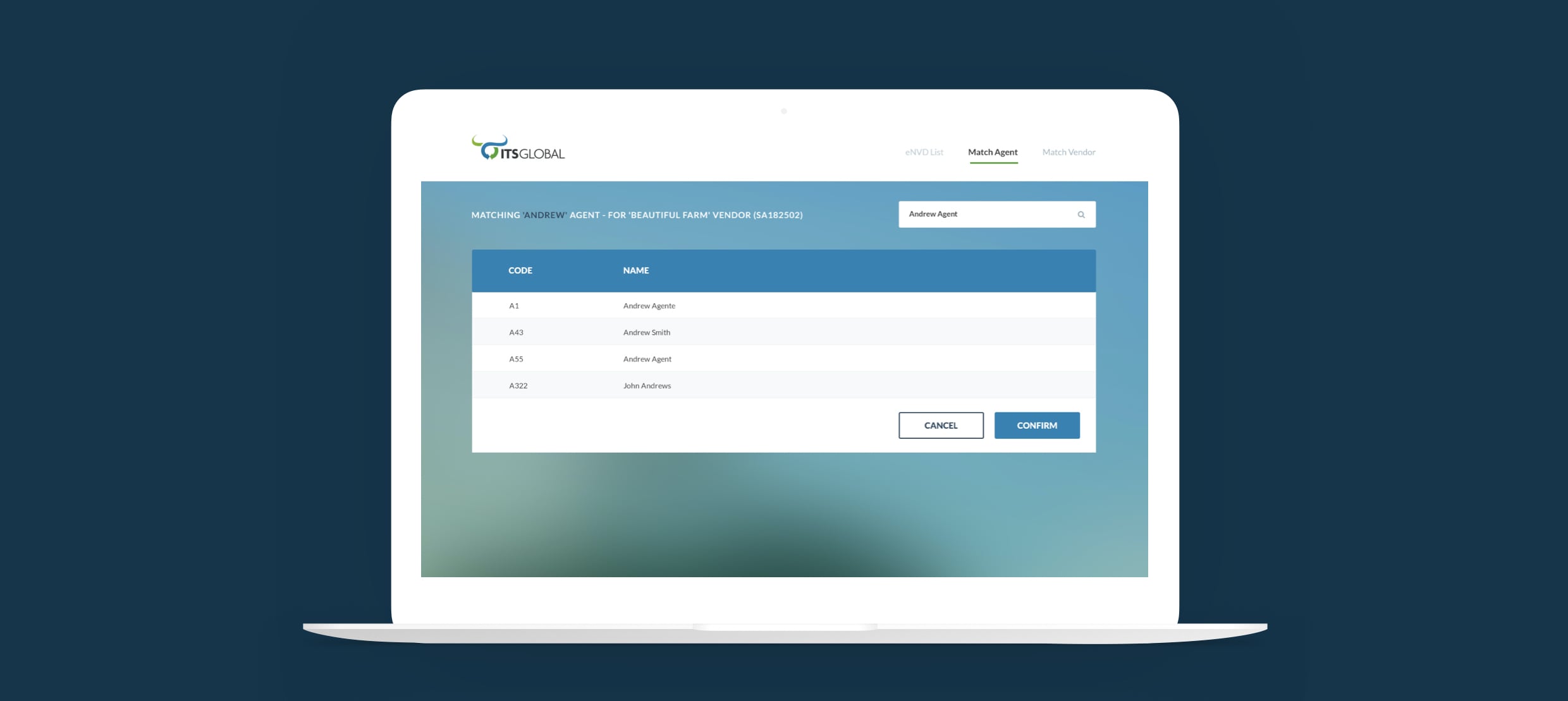Laptop screen showing ITS Global agent matching interface with agent names and codes