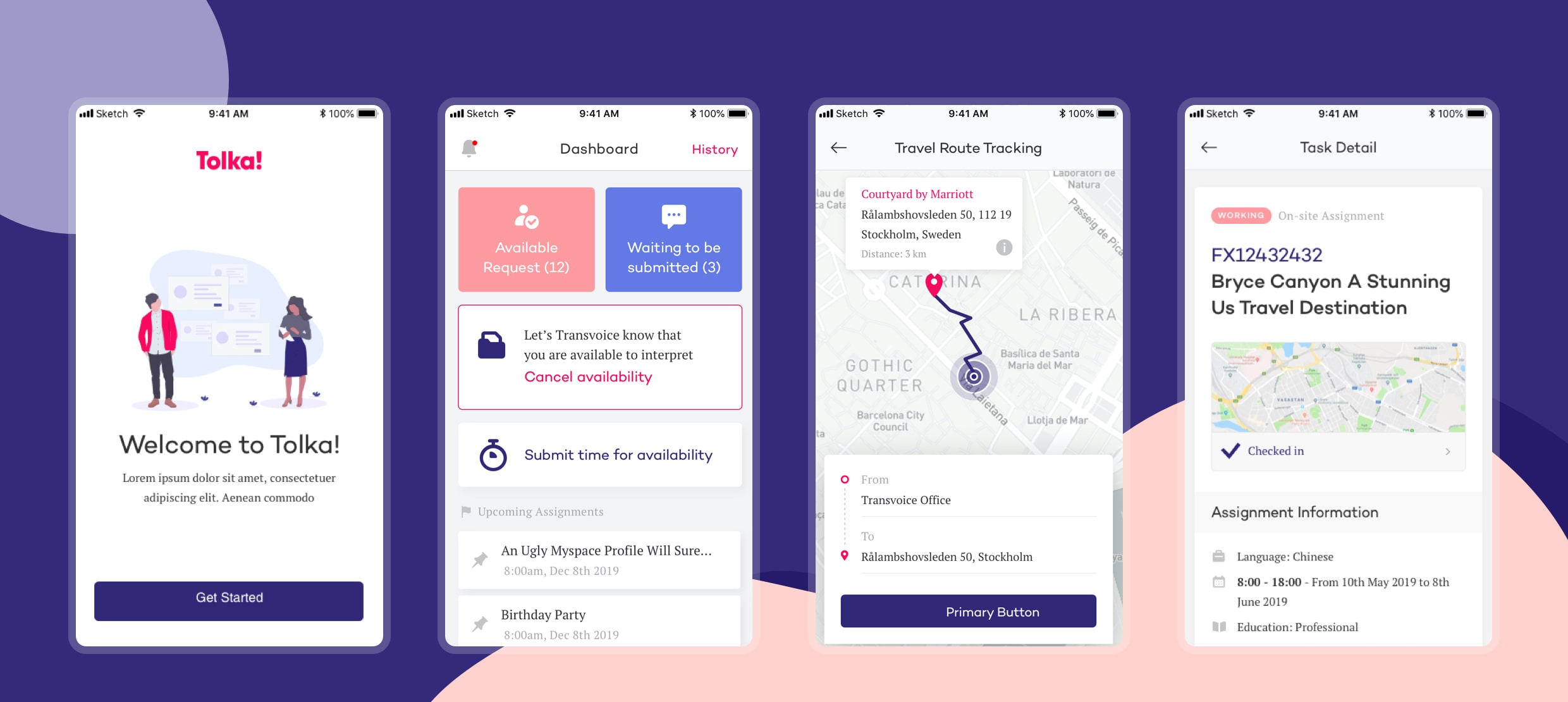 Tolka app screens showing dashboard, travel route tracking, and task details