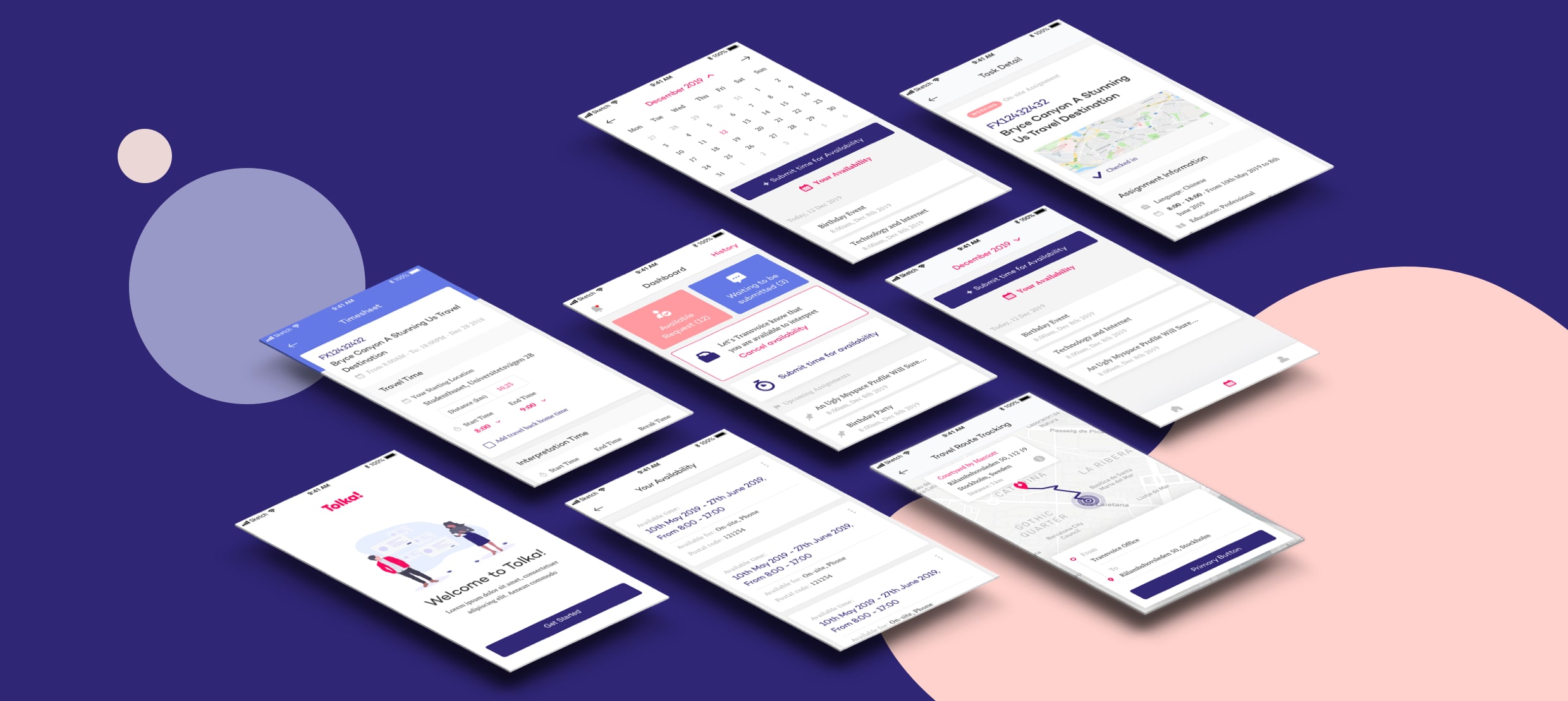 Mobile app UI showcasing travel scheduling, task details, calendar, and availability features